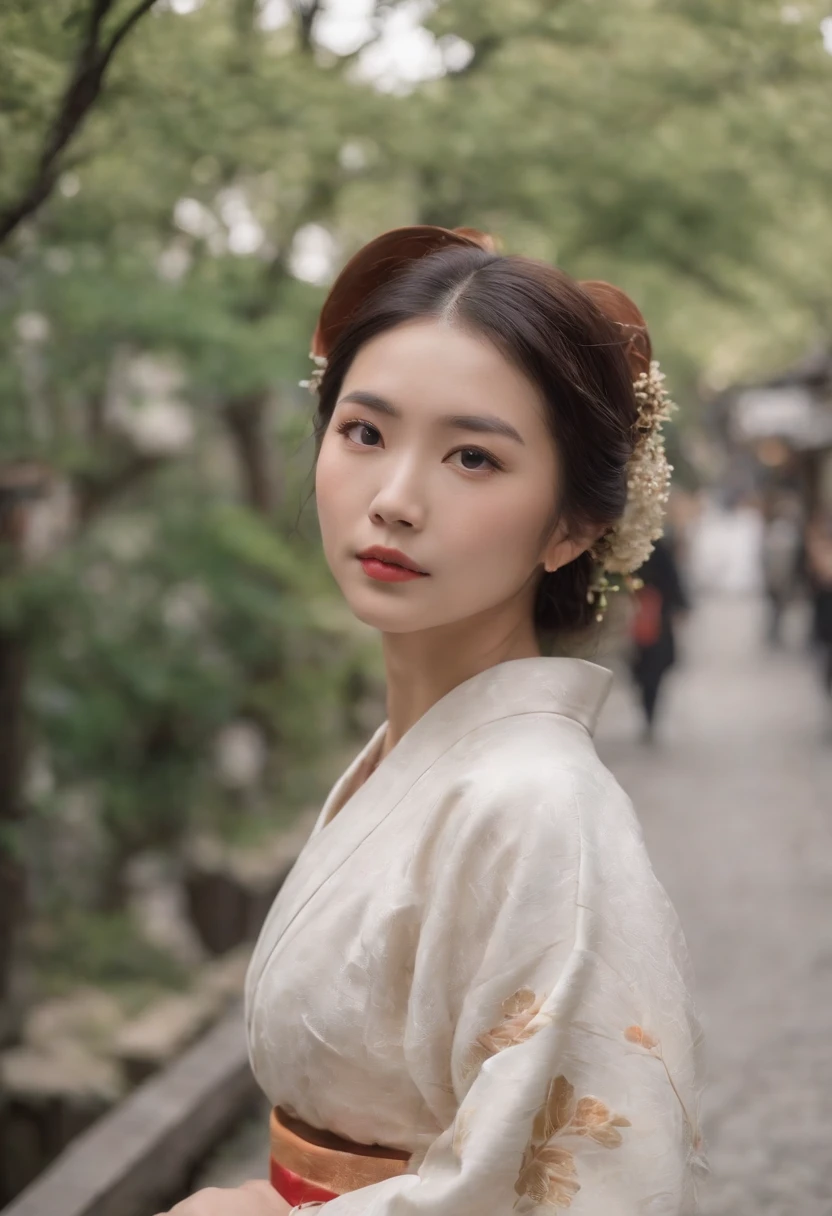 Uma jovem mulher vestida com roupas tradicionais japonesas, cabelos longos e pretos, scenery reminiscent of Kyoto in 1900 on the streets of a Japanese city