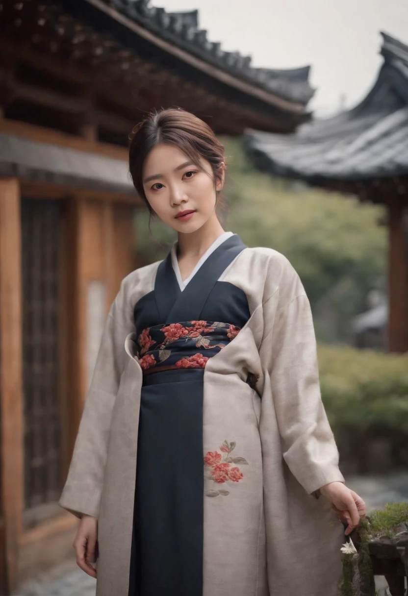 Uma jovem mulher vestida com roupas tradicionais japonesas, cabelos longos e pretos, scenery reminiscent of Kyoto in 1900 on the streets of a Japanese city