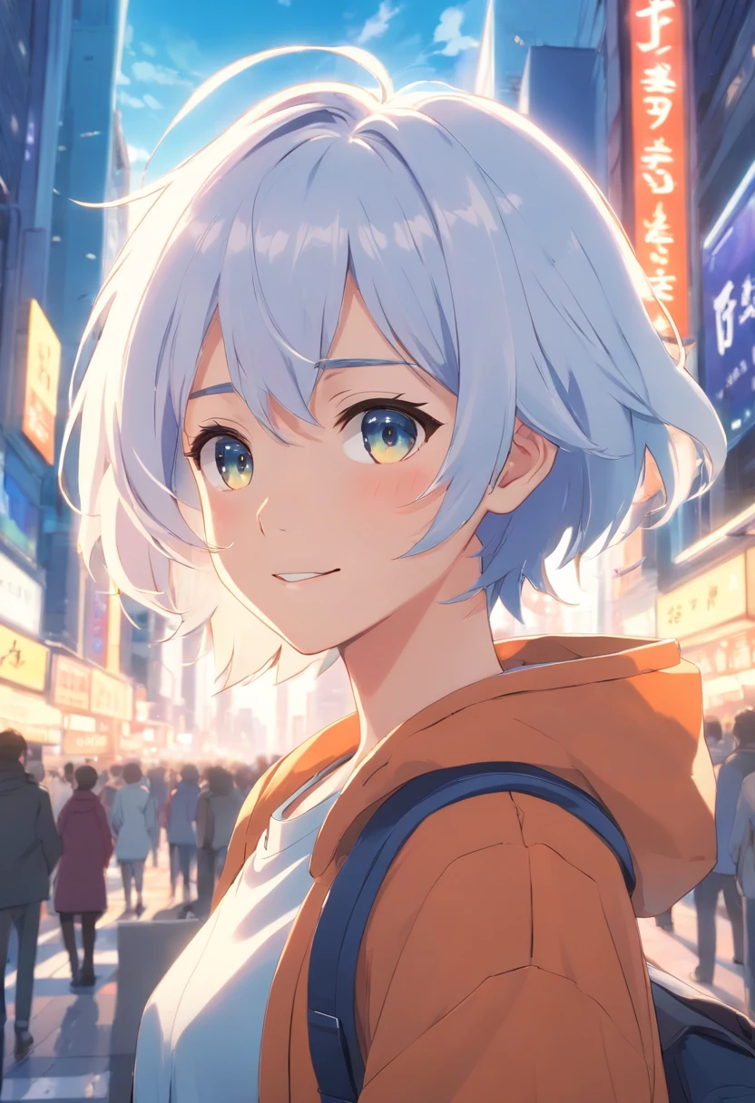 A boy with，Incarnate anime style，Exaggerated unique facial features and clothing，White hair，Stand on the bustling city streets，Backlit background protruding main body，High-contrast colors，4K HD quality，年轻，ssmile，Handsome