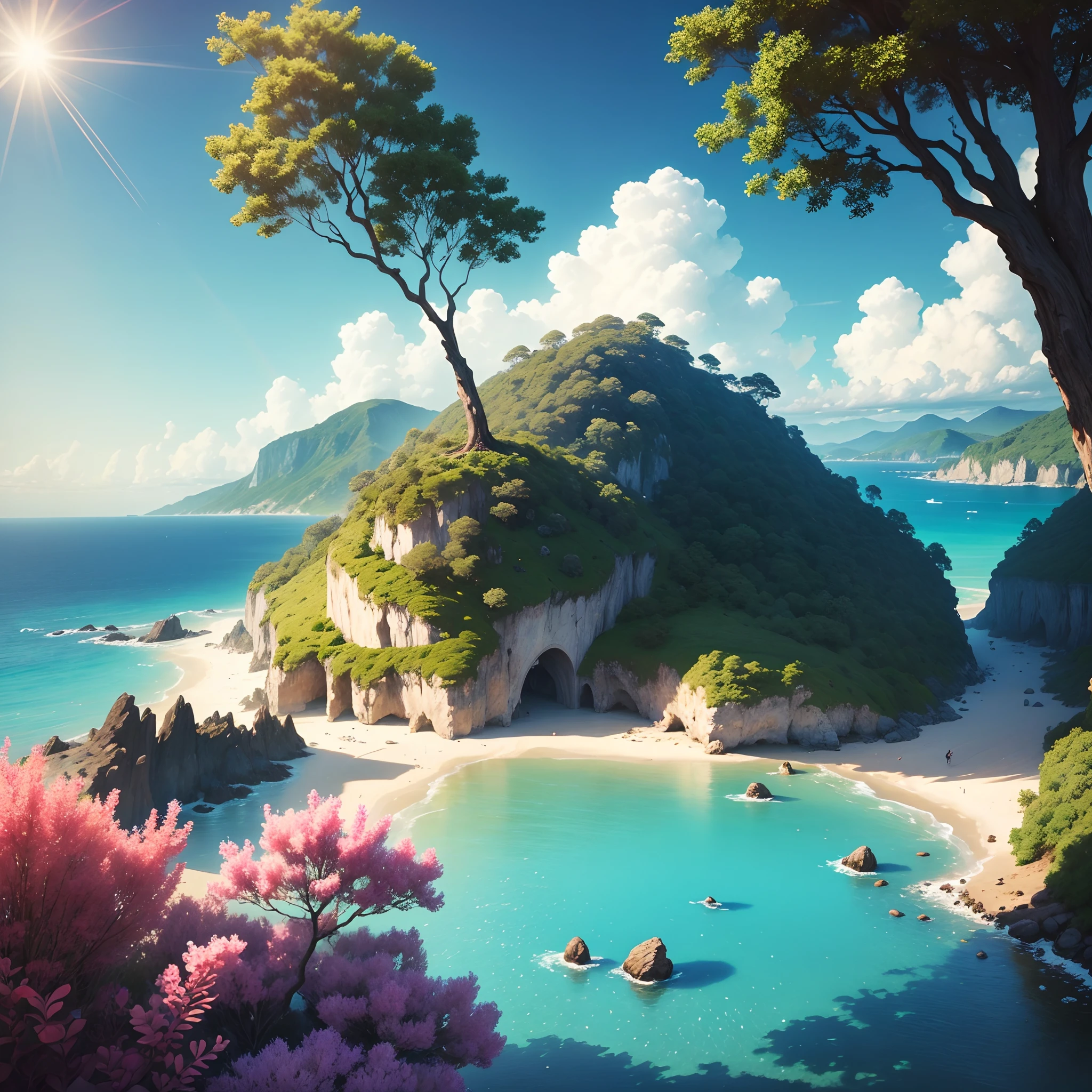 landscape,rainbow in the sky,A luxurious horizon,Sparkling seawater,Lush greenery,exotic plants,mysterious creature,Fantasy world,Enchanting atmosphere,shining sun,Soft clouds,dreamlike landscapes,magical aura,serenity and calm,Untapped beauty,A harmonious blend of tones,Endless wonders,Best quality,4K,8K,A high resolution,Masterpiece:1.2,Vibrant colors,