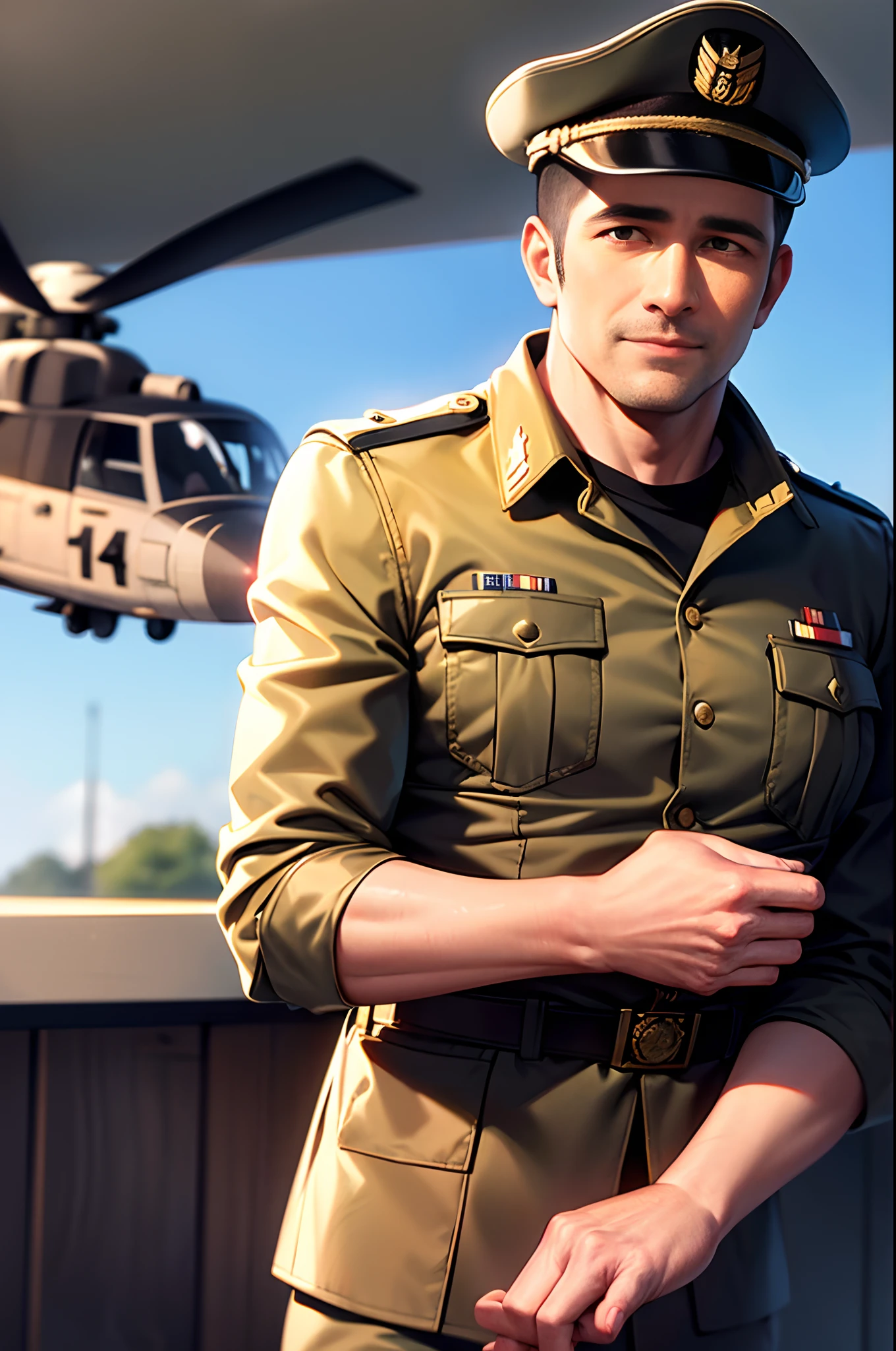 in 8K,Best Quality,masterpiece:1.2,reallistic、Photorealsitic:1.2、ultra-detailliert:1.2,best lighting,Best Shadows,35year old:1.5,(1 American military man:1.5),Military training ground:1.2,he is wearing military uniform:1.2,background is Military helicopter:1.2,stubble