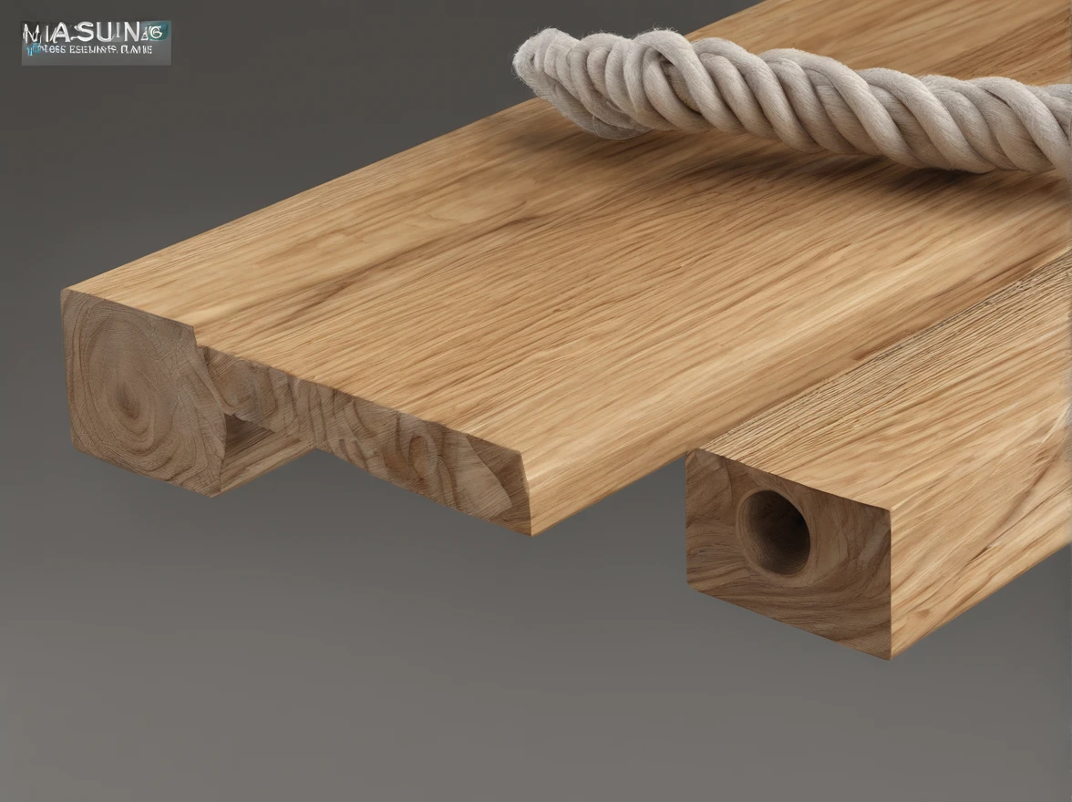 (Best quality, masutepiece) A plank has white rope at both ends,The wood board material is real,HD,The rope material is real