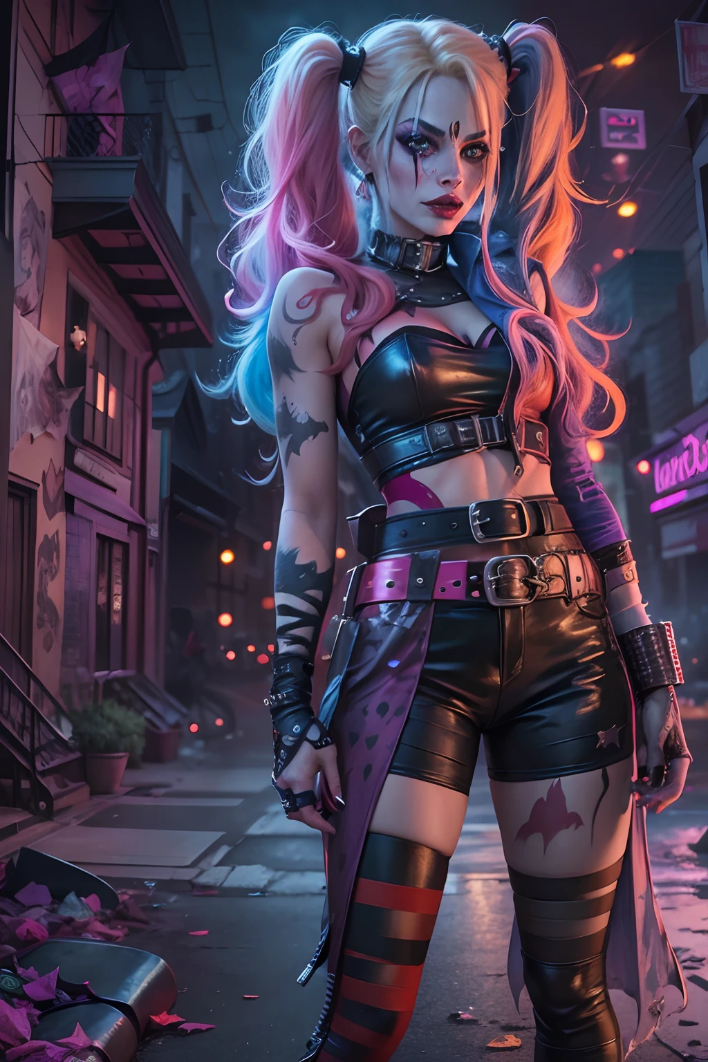 Villain Harley Quinn, long colored hair, Smeared makeup, tight costume, Belt with shiny buckle, A bat in his hand, exteriors, night city, higly detailed, Realistic full-length photo