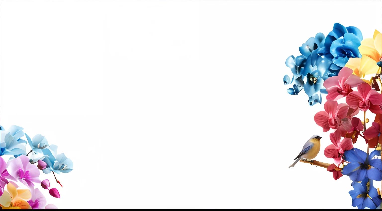 there is a bird sitting on a branch of a flower, website banner, Plain background, Banner, White background!!!!!!!!!!, white bg, isolated on a white background, without text, full view blank background, header with logo, Plain white background, Minimalist background, white backgrounid, Clean background, Minimalism, Minimalism, breathtaking art, minimal background, flowers in the background, Be real, Hyper-realistic