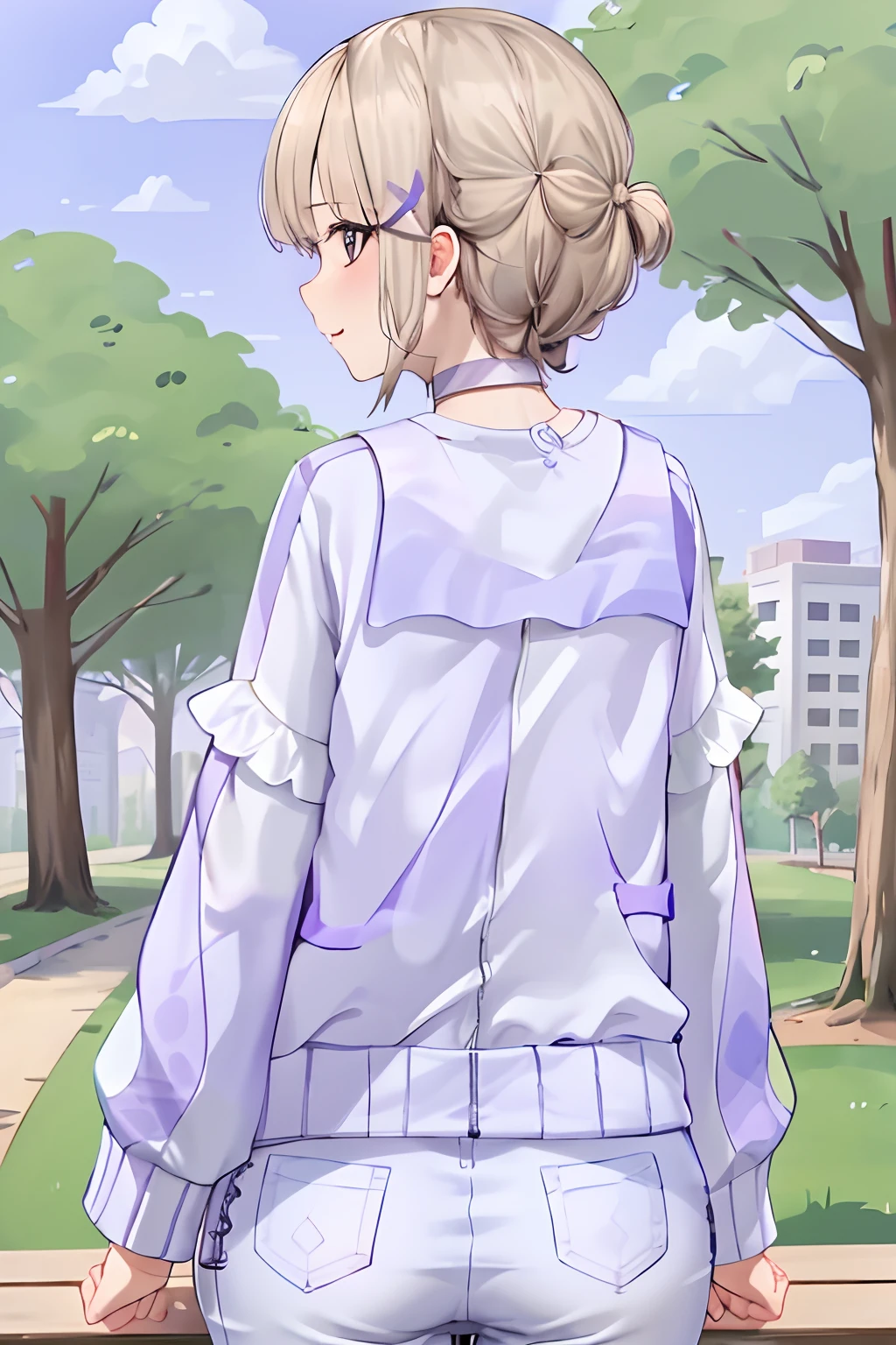 1girl in, Solo, Boom, White shirt, Purple Choker, Purple jacket, Upper body, Outside, Park, Nature, Benches,Your butt is facing us,Big buttocks,Emphasis on the buttocks