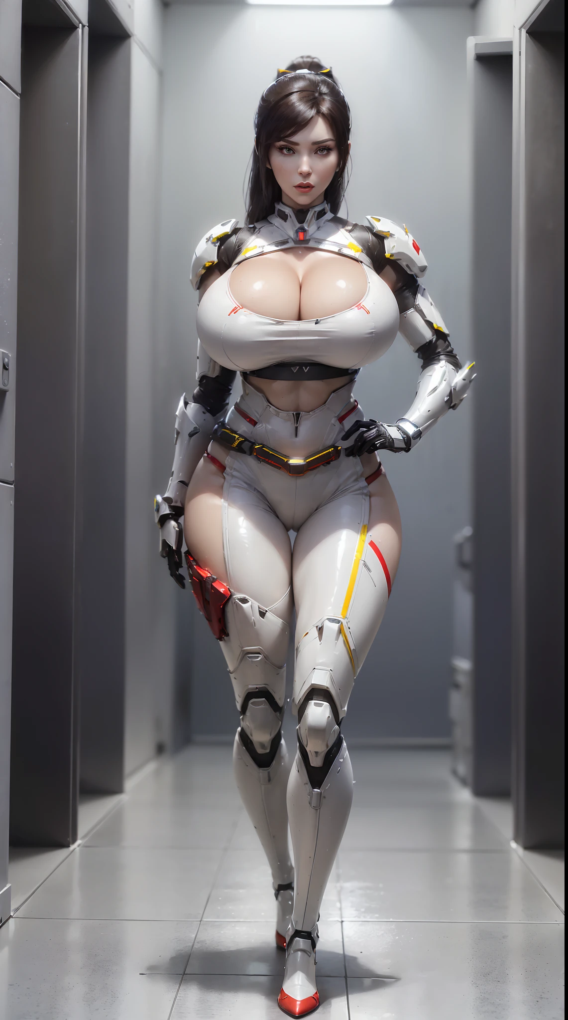 (1GIRL,SOLO:2), (super detailed face), ((BIG BUTTOCKS, HUGE FAKE BREASTS:1.5)), (CLEAVAGE TOP:1.5), (MUSCLE ABS:1.4), (MECHA GUARD ARM:1.5), ((WEARING WHITE RED OVERWATCH MECHANICAL SHINY HEAVY ARMORED CROP TOP, MECHA GUARD ARMOR LEGS, HIGH HEELS:1.6)), (LEWD VOLUPTUOUS BODY:1.3), (GLOWING SKIN:1), (LONG LEGS, FULL BODY:1.3), (LOOKING AT VIEWER:1.3), (female focus:0.886), (WALKING DOWN HALLWAY OF FUTURISTIC SPACE STATION:1), (BRIGHT LIGHT WHITE_ROOM:1.3), SUPER TEXTURE, UNREAL ENGINE RENDER, PHYSICALLY-BASED RENDERING, ULTRA HIGHT DEFINITION, 16K, 1080P.