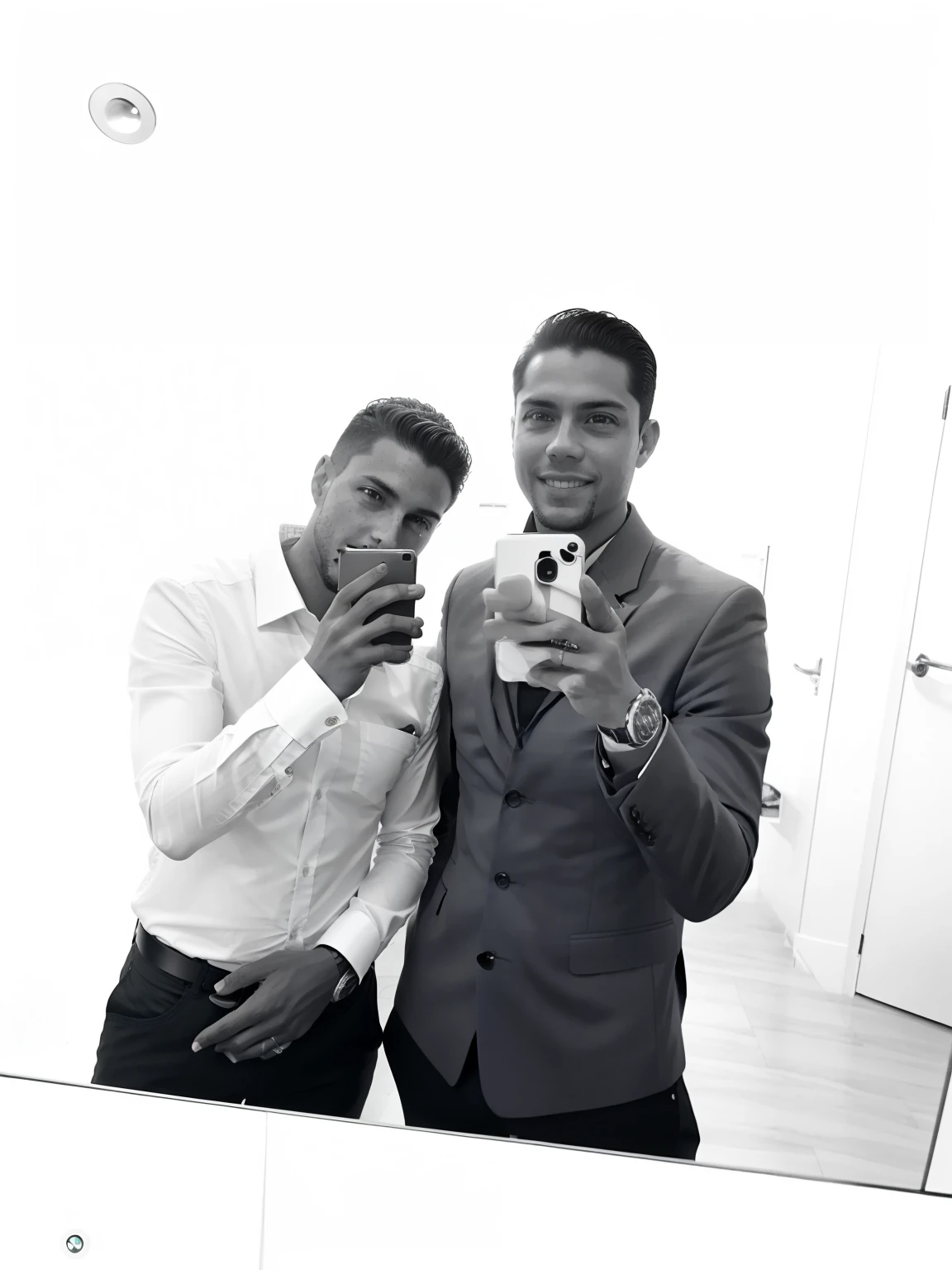 There's Two Men Taking a Selfie in the Mirror, dessaturados!!, Selfie!!!!!, retrato!!!!!!, Selfie, monocromatic!!!!!, imagem antiga, imagem desfocada, foto no iphone, Selfie ruim, monochrome black and white, with a twin, 'fundo Branco'!!!, B&w foto, dois homens Bonitos, last selfie ever taken
