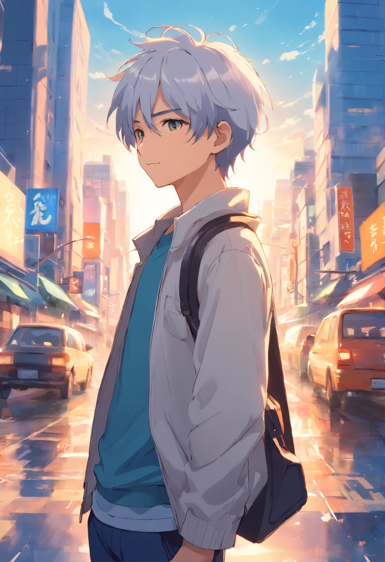 A boy with，Incarnate anime style，Exaggerated unique facial features and clothing，White hair，Stand on the bustling city streets，Backlit background protruding main body，High-contrast colors，4K HD quality，年轻，ssmile，Handsome