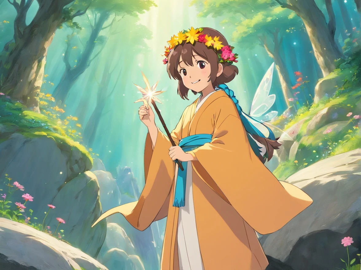 Wear beautiful robes，Wearing a flower crown on his head，With a smile on his face。The fairy standing with a magic wand in her hand conversed cordially。They were standing on a huge boulder，