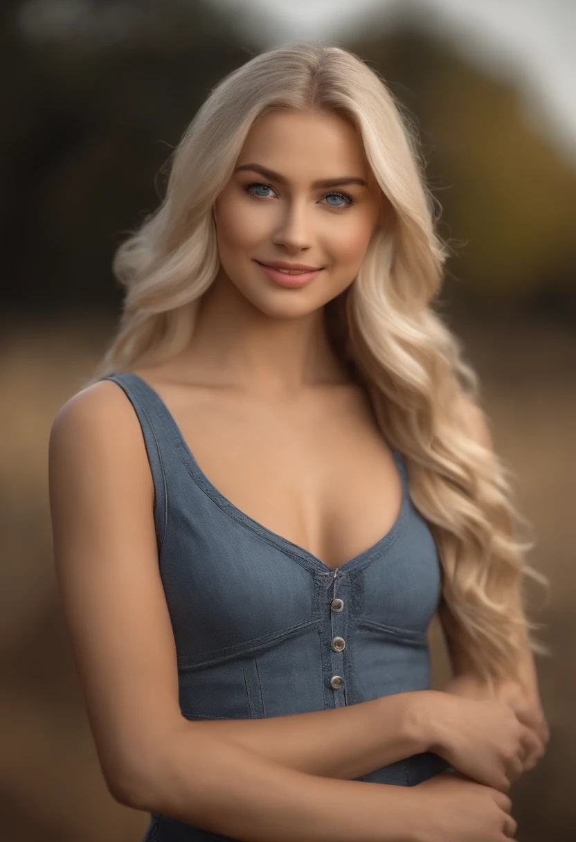 beautiful platinum blonde girl wearing tight skinny clothes (stand on a Ranch), very detailed, 21 years old, innocent face, natural wavy hair, blue eyes, high resolution, masterpiece, best quality, intricate details, highly detailed, sharp focus, detailed skin, realistic skin texture, texture, detailed eyes, professional, 4k, charming smile, shot on Canon, 85mm, shallow depth of field, kodak vision color, perfect fit body, extremely detailed, foto_\(ultra\), photorealistic, realistic, post-processing, maximum detail, roughness, real life, ultra realistic, photorealism, photography, 8k uhd, photography, uses my dataset as the face