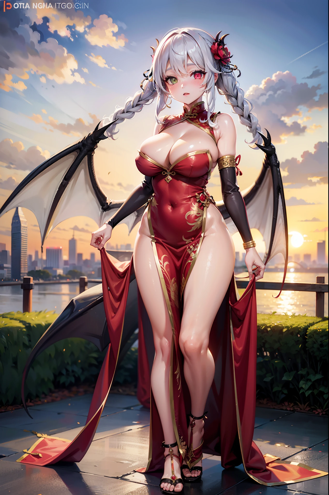 spring, sunset, party, city, 1girl, large teardrop breasts, sensual chinese dress, twin braids, eye heterochromia, dragon girl, full body, best quality, ultra detailed,