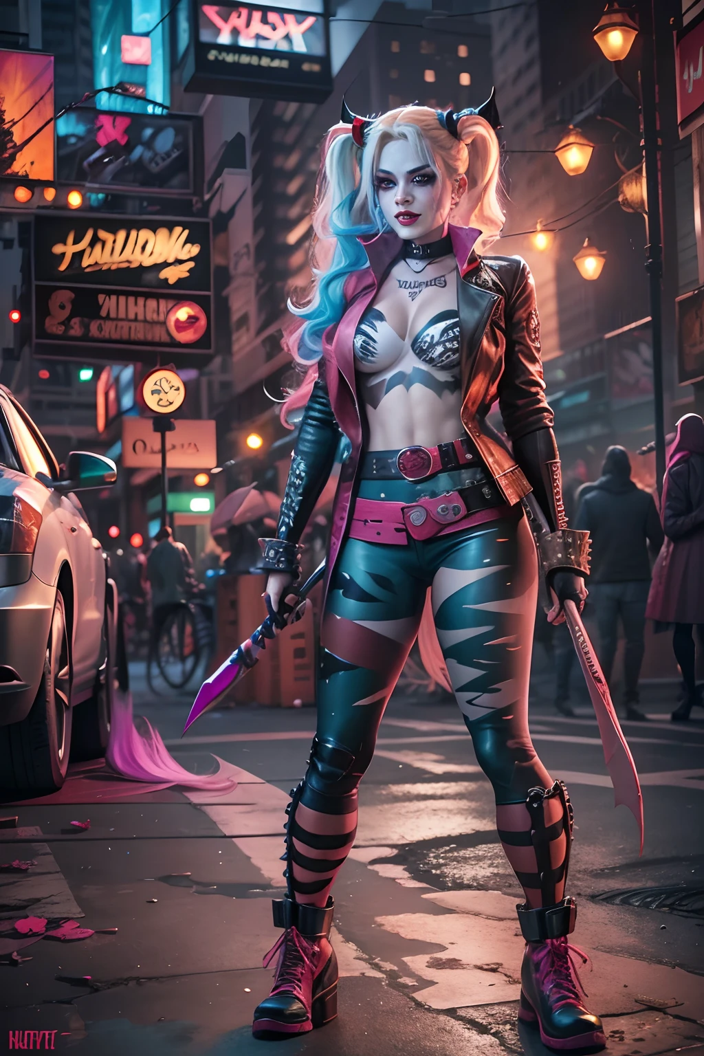 Villain Harley Quinn, long colored hair, Smeared makeup, tight costume, Buckle Belt, A bat in his hand, exteriors, night city, higly detailed, Realistic full-length photo