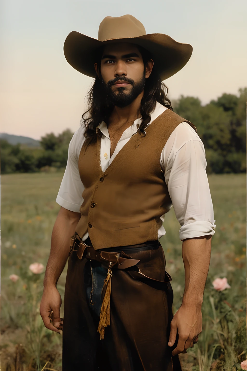 lone male cowboy holding wild roses on a field, brown attire, filipino american standing next to a tall handsome white male with a cowboy hat short hair and beard, handsome face, late 20's, light facial hair, medium long wavy hair, dark brown cowboy hat, full body,