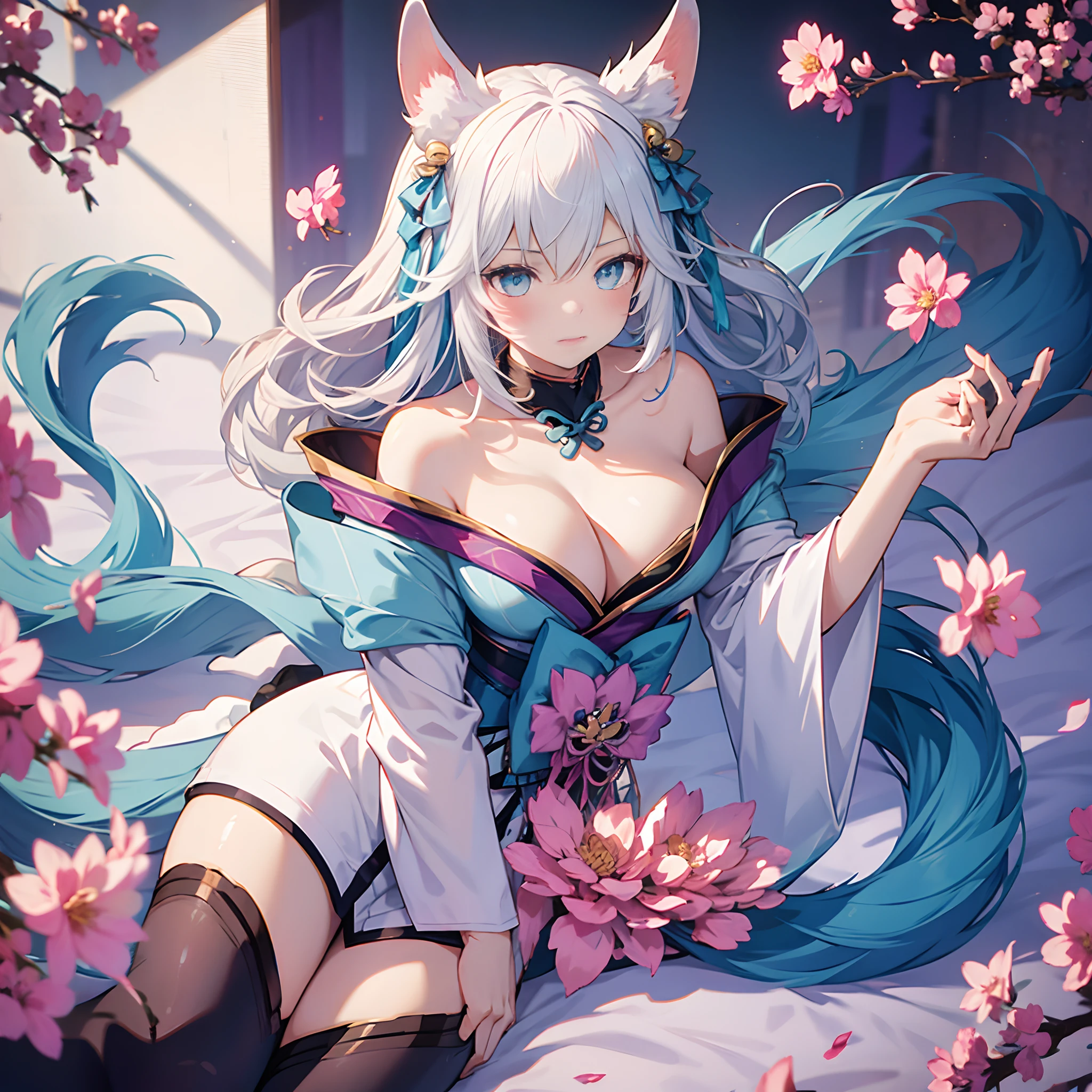 1 girl, solo, Tobiichi fused with Ahri, fox ears, white hair with pink tips, very large breasts, fox tails, blush, surprised look, red loose kimono, purple eyes, heterochromia