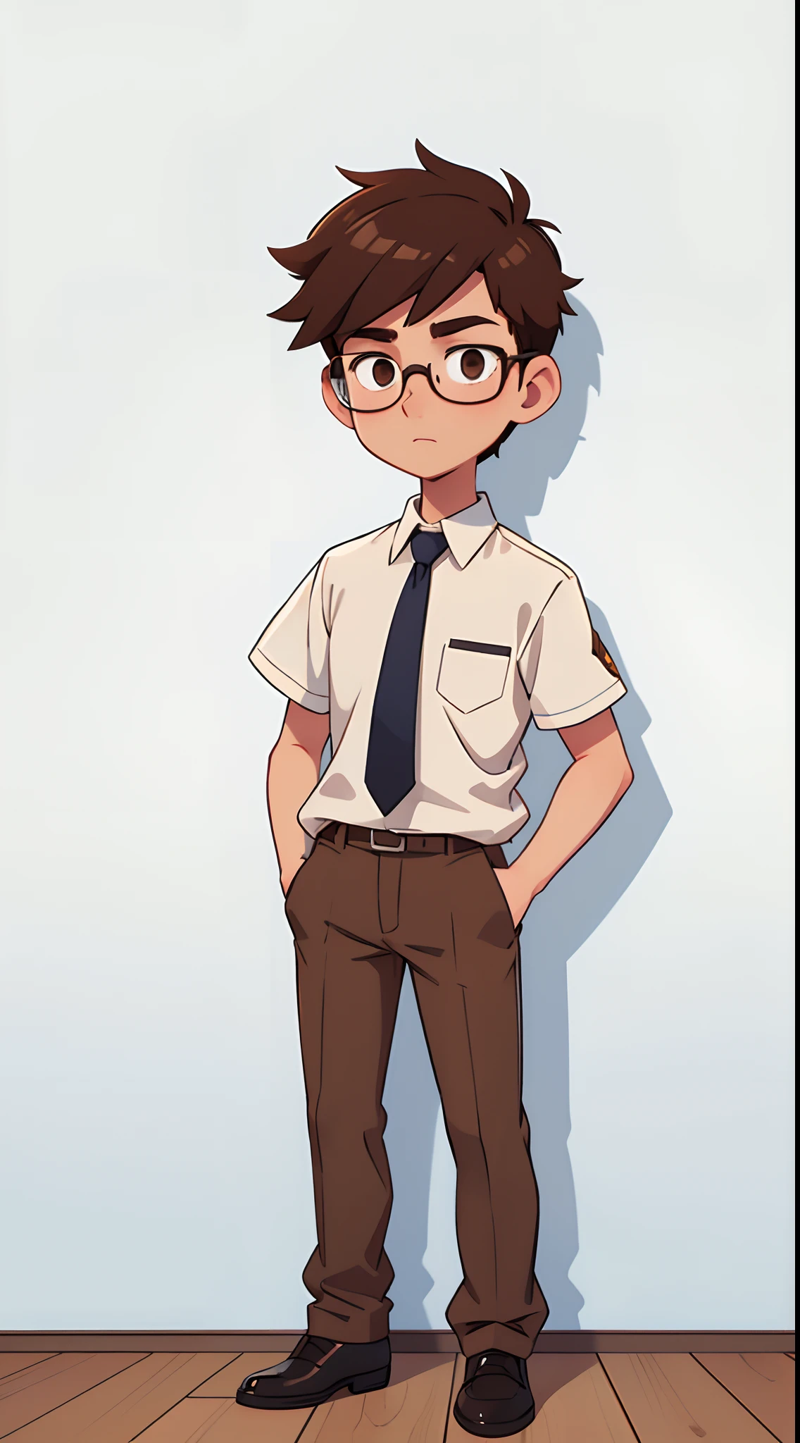 boy, white skin, brown glasses, standing in front of white wall , brown hair, tall, thin, school uniform, , black vans, hands in pockets, blue tie