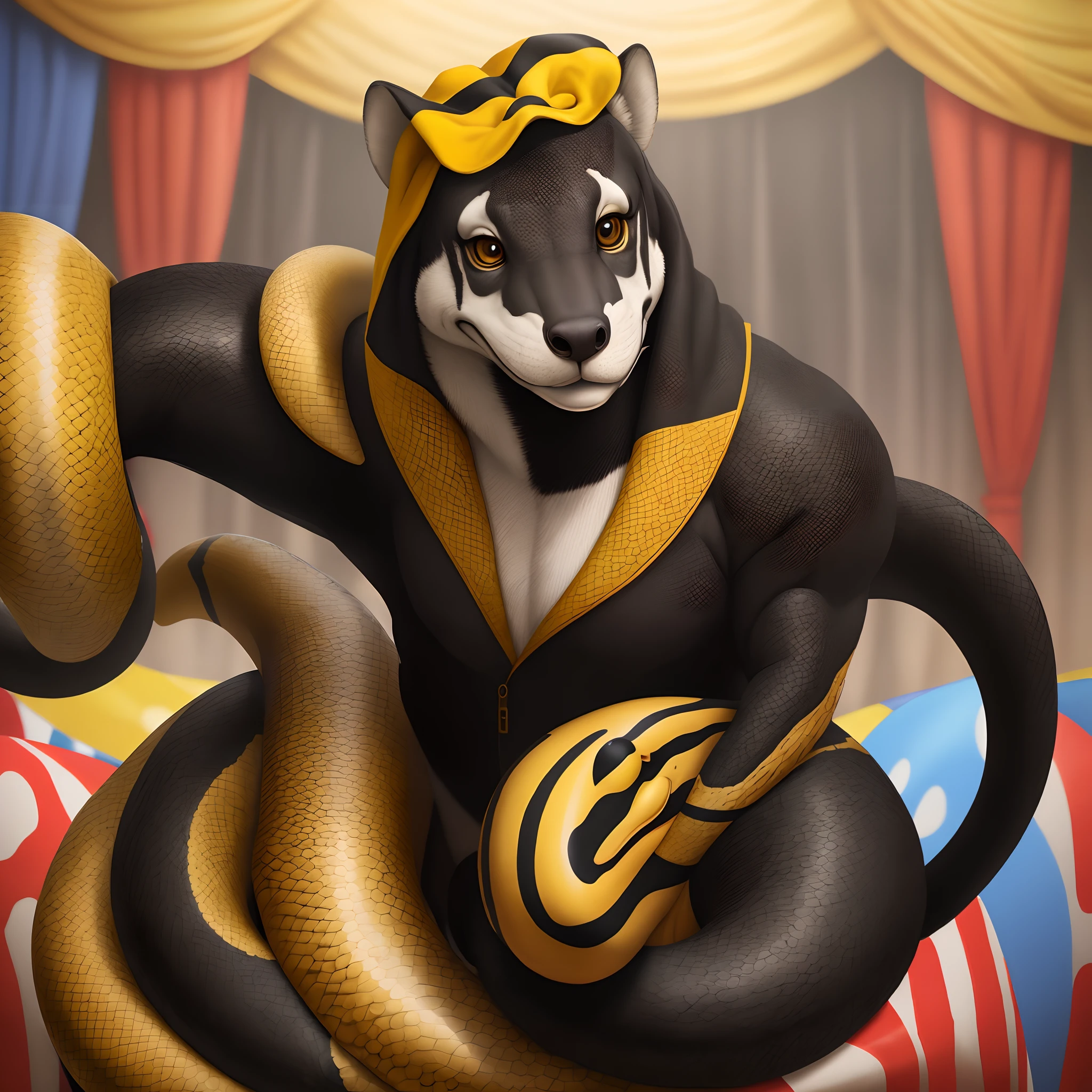 A black and yellow anthro snake in the circus