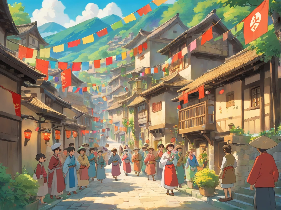 Depicts a village scene full of joy and lively atmosphere,The villagers wear Zhuang costumes,The village is covered with colorful flags