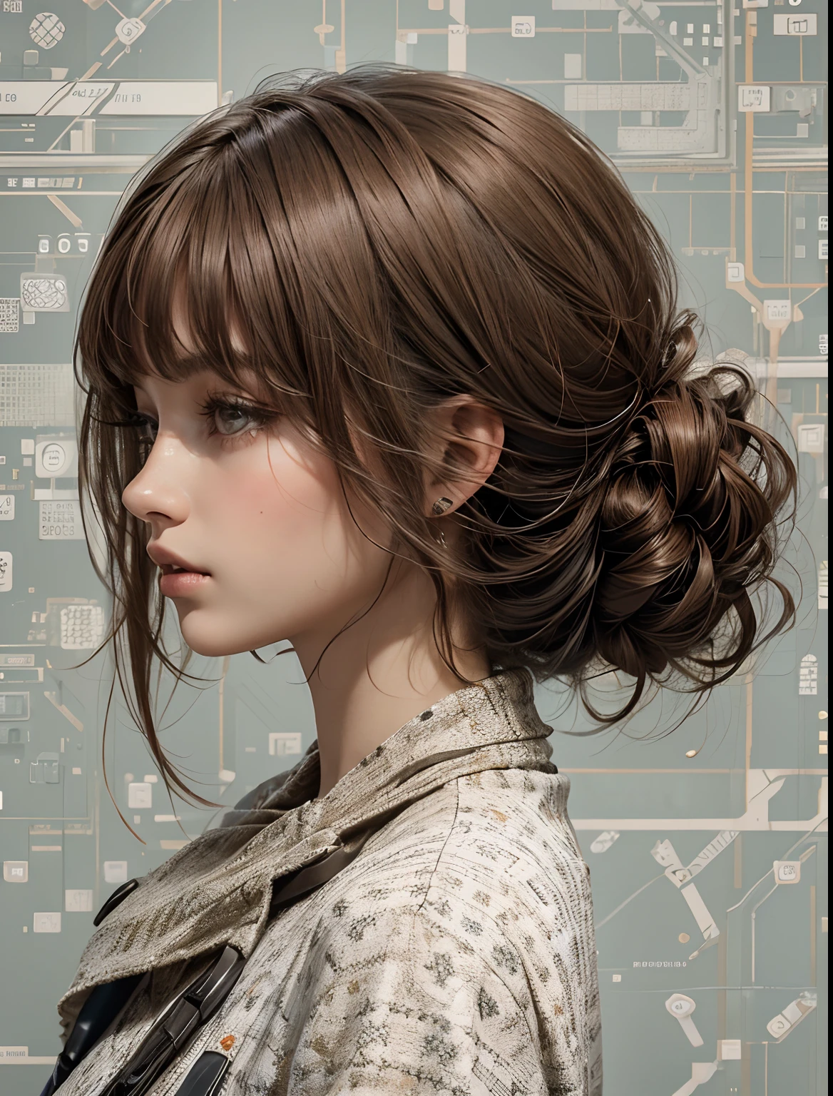 There is something like a program code behind women.A beautiful woman. She has brown hair that reaches around her shoulders. She is wearing modern clothes. ((There are countless numbers lined up like a pattern on the background of the woman.)) 8K image quality.