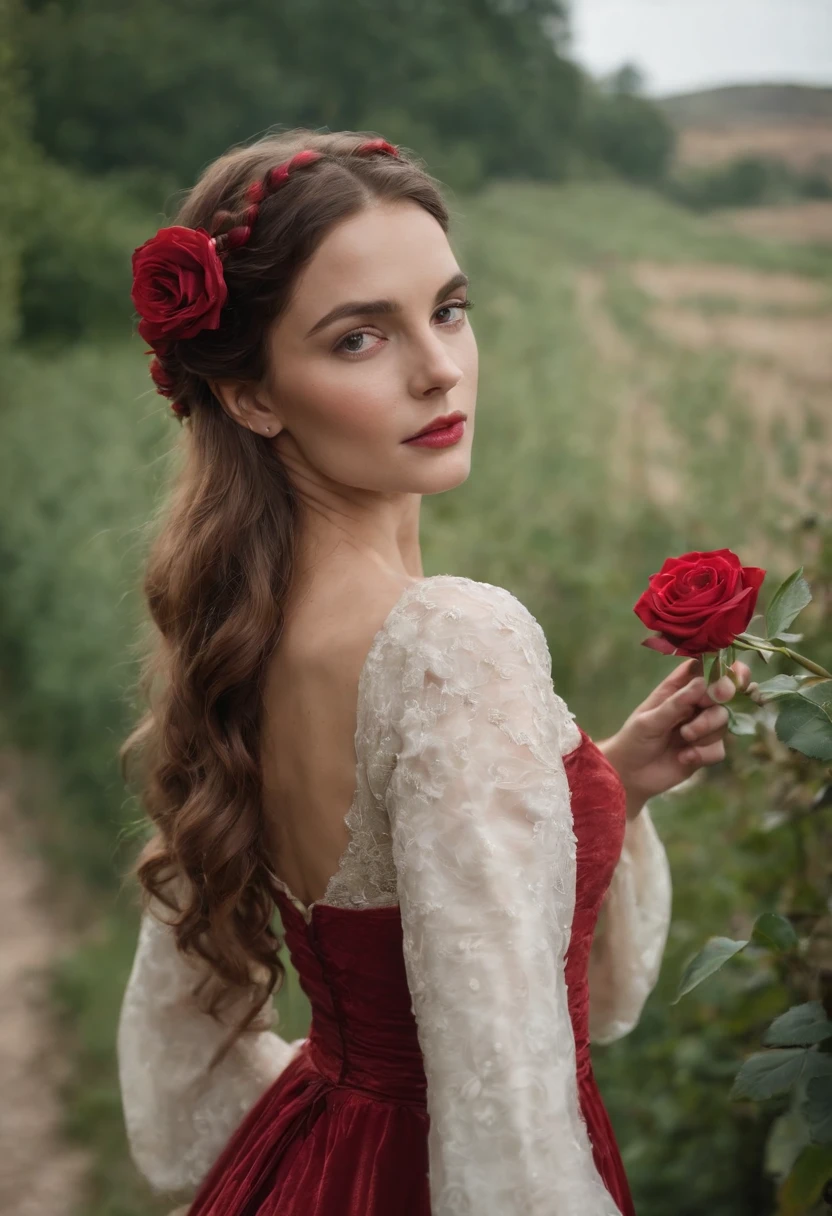 Uma jovem mulher de cabelos longos e loiros, olhos avermelhados em um castelo medieval, Princess in long red swirled dress holding a rose in her hand, medieval setting