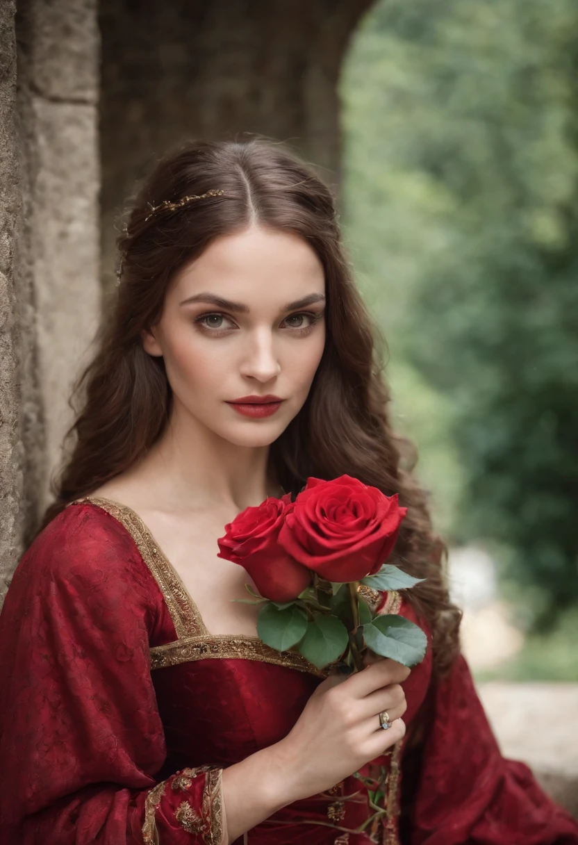 Uma jovem mulher de cabelos longos e loiros, olhos avermelhados em um castelo medieval, Princess in long red swirled dress holding a rose in her hand, medieval setting