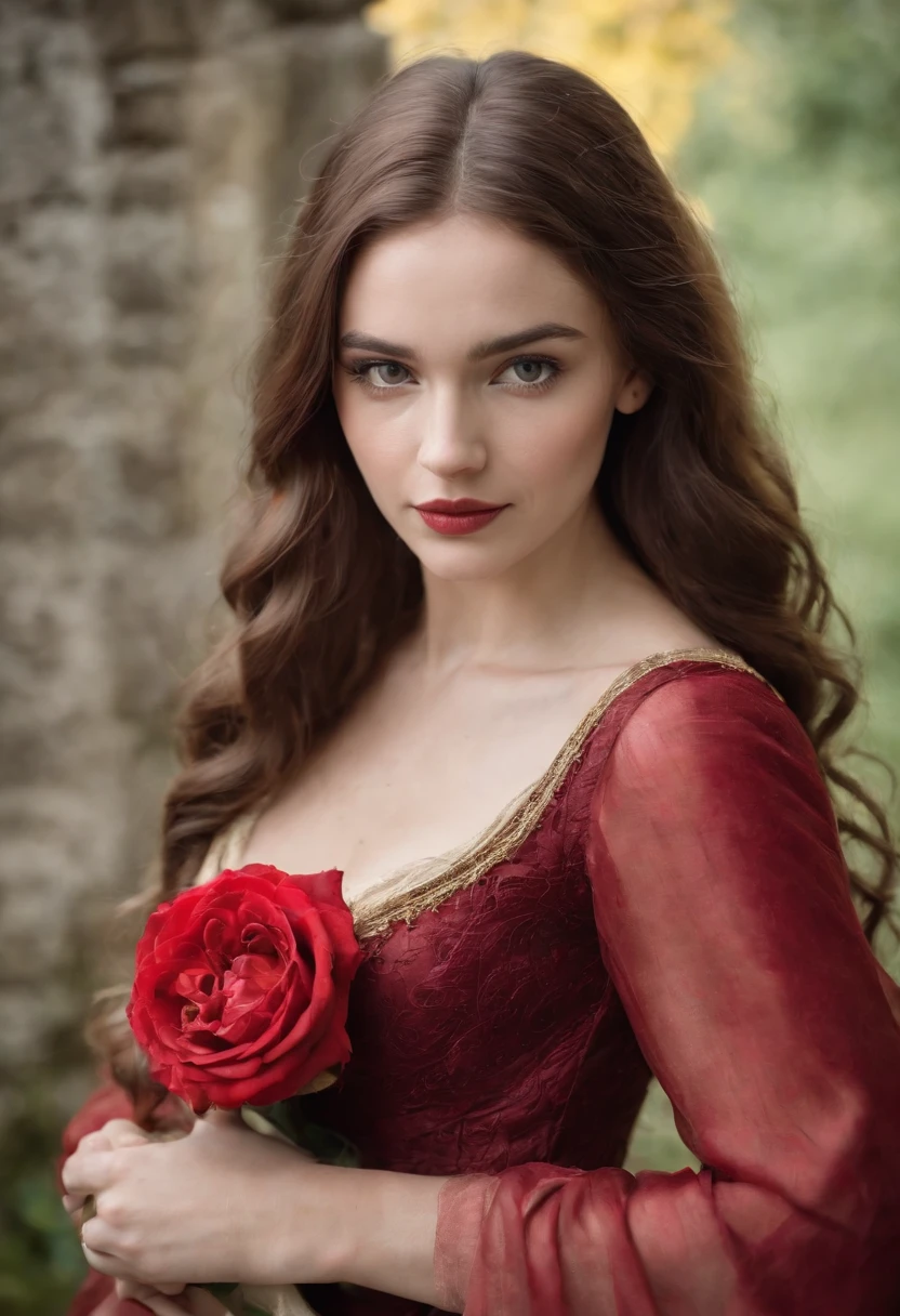 Uma jovem mulher de cabelos longos e loiros, olhos avermelhados em um castelo medieval, Princess in long red swirled dress holding a rose in her hand, medieval setting