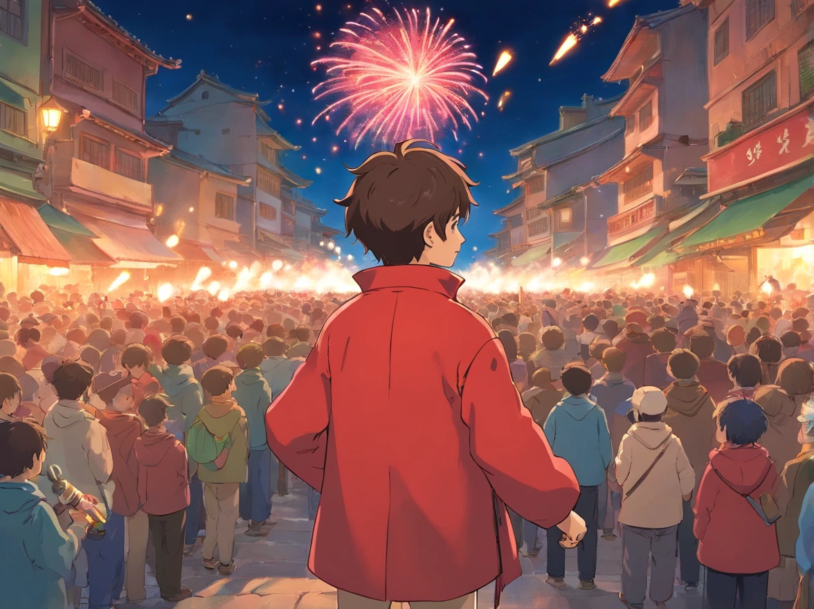 The 15-year-old boy wears a new Zhuang red coat,Holding a fireworks cannon made by himself。Stand in the crowd,Waiting for the start of the game with joy。