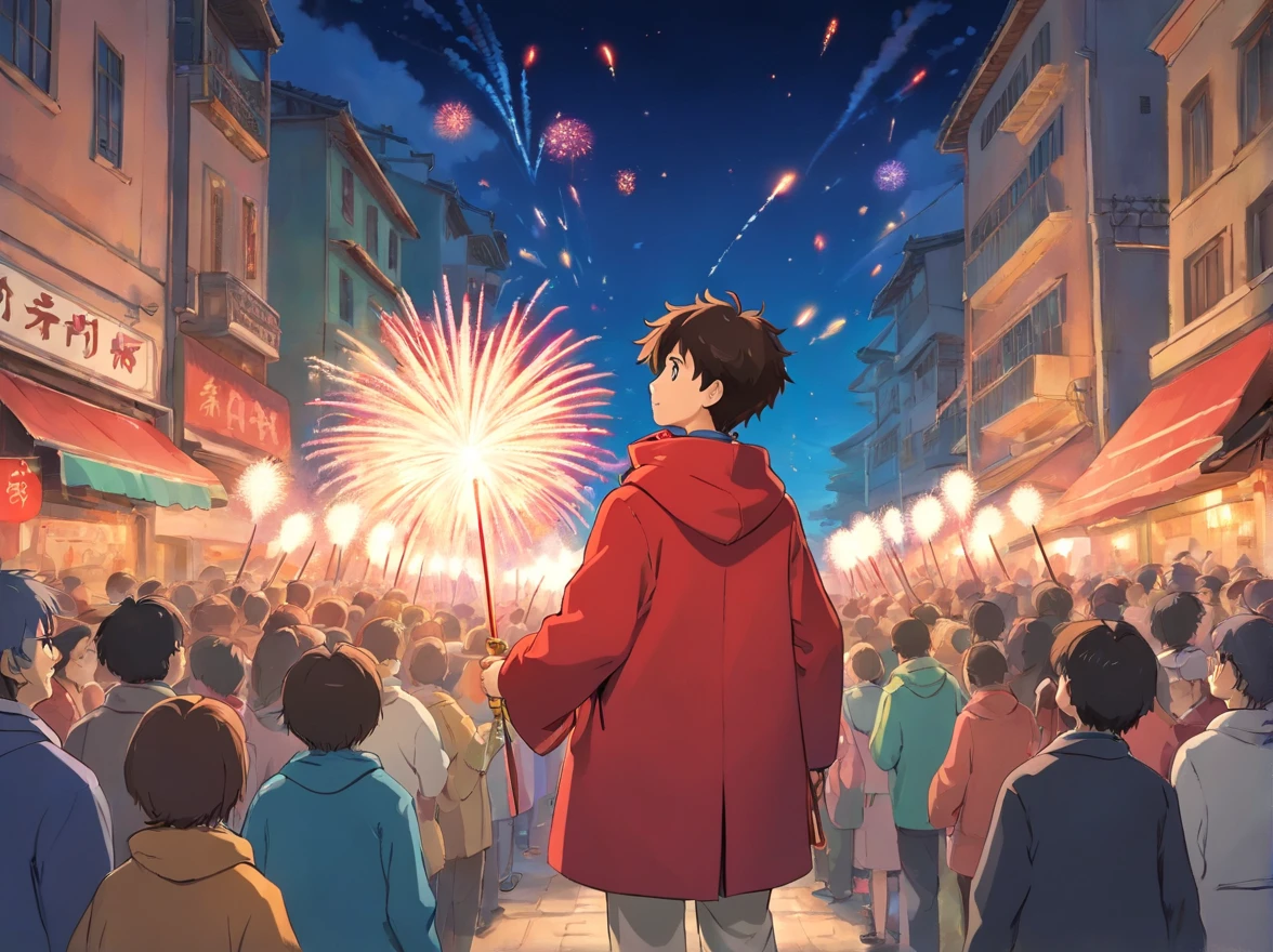 The 15-year-old boy wears a new Zhuang red coat，Holding a fireworks cannon made by himself。Stand in the crowd，Waiting for the start of the game with joy。