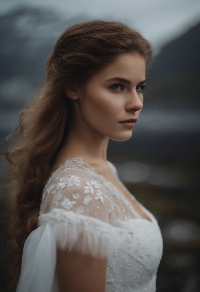 a  photo of a , A girl 25 years , Slavic appearance, Long blonde hair below the shoulders, The face is oval , Pointed chin, nose is not a big potato , Lips of medium swelling , The eyes are large, not much squinted , Brown , Eyebrows are perfect, high forehead , Not much below the neck on the right is a mole, Average height , Breasts 2 sizes, white see-through dress , Full-length , Background sea , is looking at the camera, hiquality, hight resolution .
