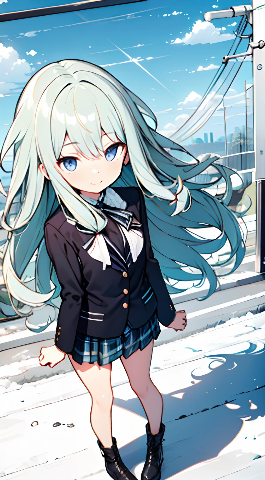 masuter piece, Best Quality,32K、Wallpaper, ultra -detail, Absurd beauty, 1beautiful girl、Big crisp eyes、Hair fluttering in the wind、Slender legs、Make your head smaller、miscievous smile、Angle looking up from below:1.5、♡♡♡、(Poses in motion)、thighs thighs thighs thighs
