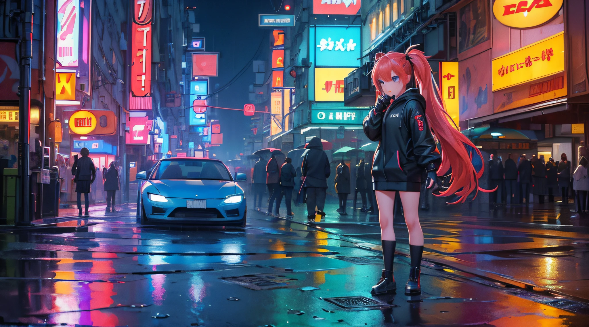 (best quality,4k,8k,highres,masterpiece:1.2),ultra-detailed,(,photo-realistic:1.37),pixel art_1.1,1girl,long hair,twintails,red hair,blue eyes,Night,Street,Small puddle,Rain,Neon Light,Hong Kong,Cyberpunk,Insert pocket,Strap,green hood,fingerless gloves,zipper