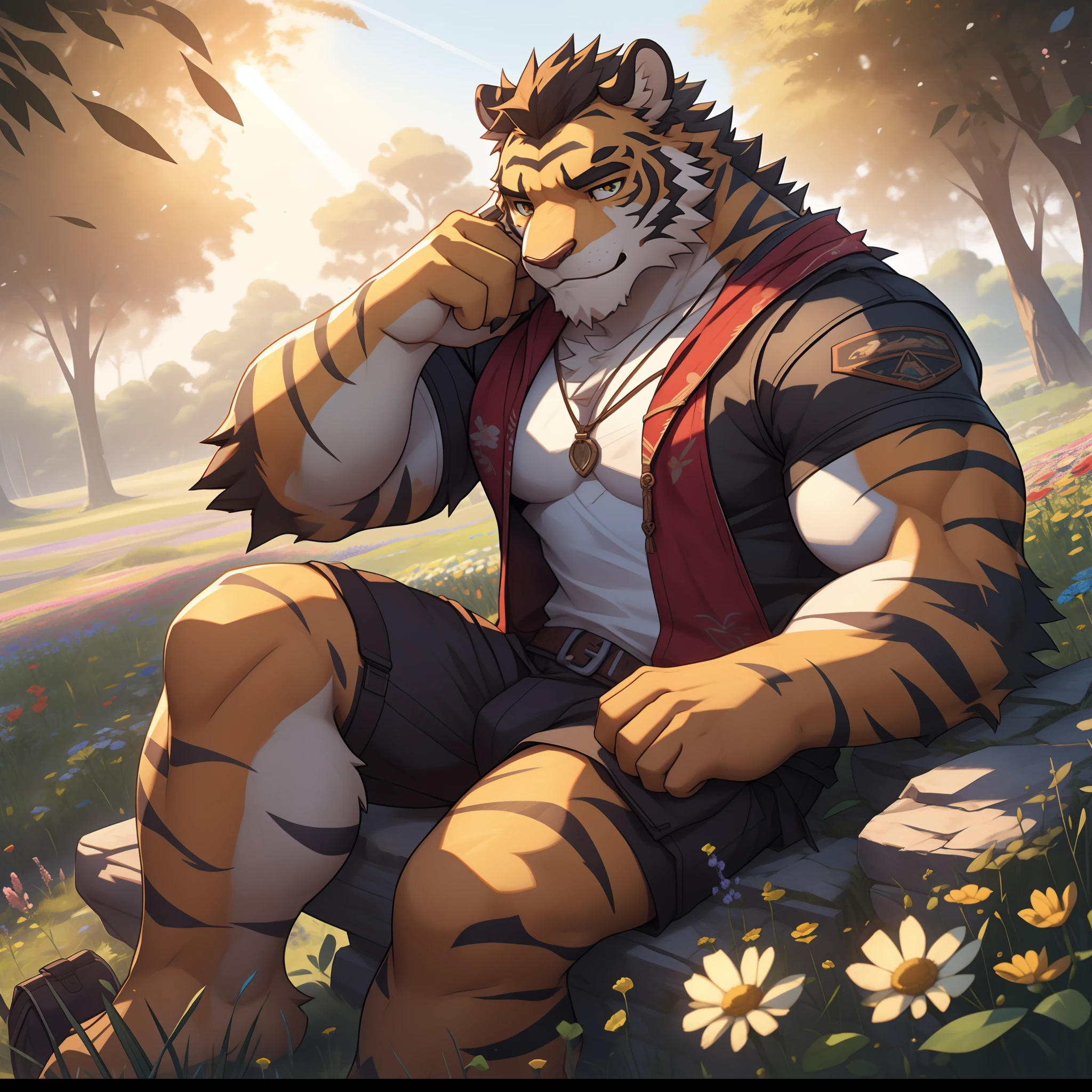 Tiger Orc, Tall，Large crotch, sunny handsome,wearing casual cloths，sitting in a field of flowers, Colorful background, Dappled light, Natural light, Outdoor rendering,, Clear detail, Realism, rendering, Nikon, C4D, 3DMAX, Redshift rendering, corona rendered, Bejas --ar 1:2 --C 10, , hands crossed, Shy, estrus