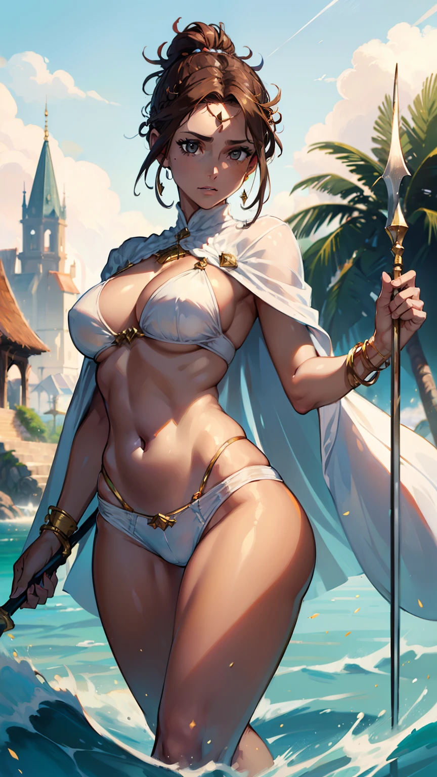 (((((middle age woman))))), masterpiece, ultra detailed, 8k portrait, RAW photo, portrait photography, highly detailed face, beautiful and meticulous eyes, ((Fantasy)), (((cool middle aged face))), grin, (((narrow eyes))), Adult beautiful, 32 years old, Tight eyes, dynamic pose, (((long dark hair))), (((Messy bun hair, Cornrows))), (((Brown skin color))), Luxury, ((white separate bikini bra)), ((ultra thong shorts)), (((transparent white silk long cape))) fluttering in the wind, (((sandal))), ((gold circlet)), wearing lot of many accessory, ((lift up giant spear)), neckline, Midday Sun, hyper realistic, athletic body, beautiful real sculptural body, Small breasts, Beautiful breasts, Long legs, in the sea side southern kingdom, Ambient lighting, Shadow details , Camera focus on thigh, strong breeze, Light fog