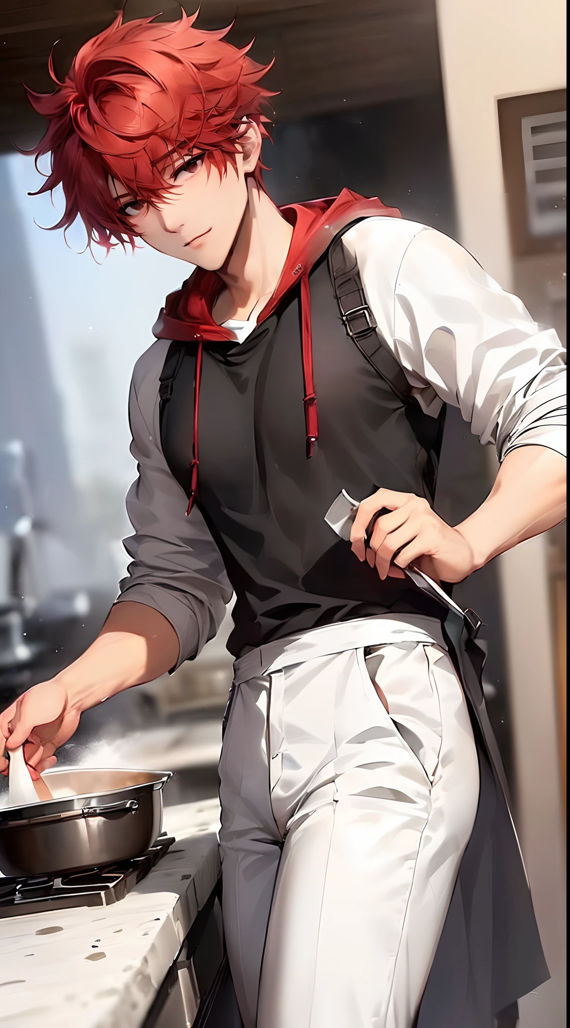 (4K works))、masterpiece、(top-quality)、((Daytime kitchen))、((In the English kitchen))、((Standing in the kitchen and cooking))、English Kitchen、Korean Male、Adult male、((Adult male 40 years old))、((Face similar to Hyun Jin))、Cool Men、tall、((Gentle smile))、((Strong eyes))、((Wearing a black T-shirt and a white hooded jacket、Wearing long white pants))、((smaller face))、Slim body、((hooligan))、((rather short hair of bright red color,))、((rather short hairstyle above the ears,))、((Fairly short two-block mashed hair))、((Black eyes))、((shot from a side angle))、((Shot alone))、((Solo Photography))、((He cooking))、((He is standing in the kitchen))