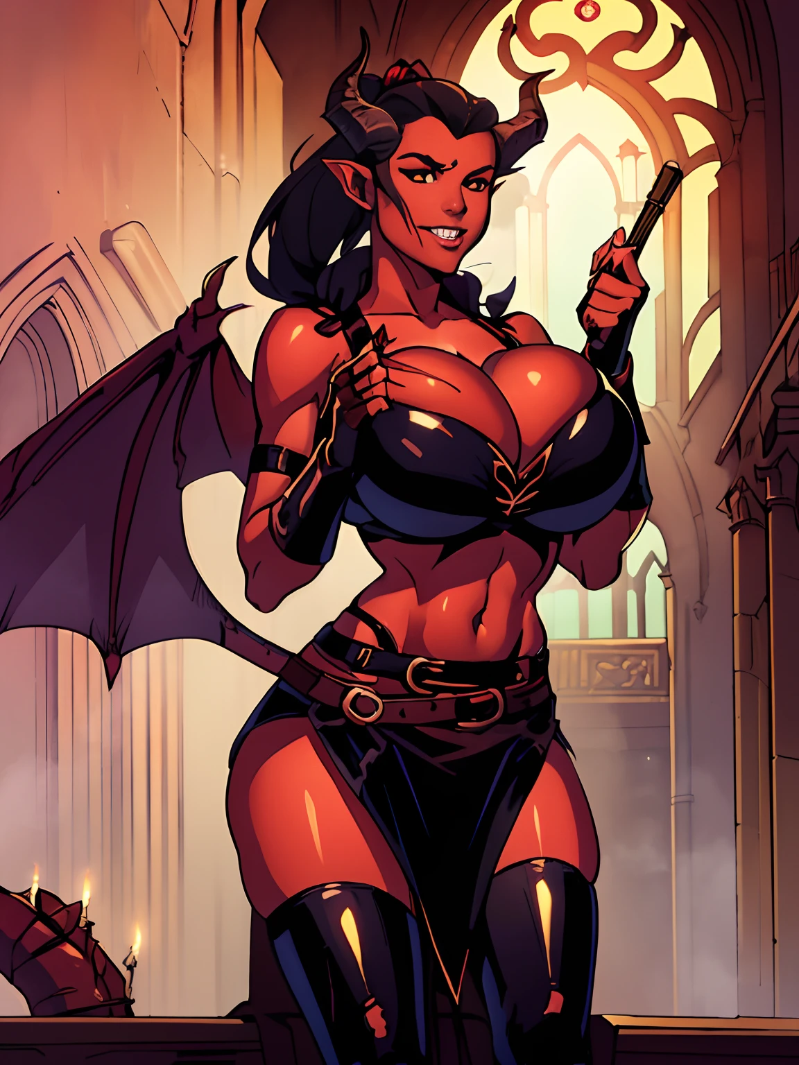 (masterpiece, top quality, best quality, official art, beautiful and aesthetic:1.2), (1girl:1.3), (black hair in big (ponytail)), extremely detailed, portrait, looking at viewer, solo, (full body:0.6), detailed background, close up, (hot medieval church theme:1.1), Tiefling, female, horns, tail, wings, long hair, tail, black hair, dragon girl, dragon horns, blood, scales, dragon wings, (((red skin), colored skin)), extremely busty Tiefling, charlatan, wicked grin, sultry smirk, forked tongue, mysterious, seducing in a cathedral, black ram horns, curled horns, curved horns, demon horns, skimpy leather (sports bra), sleeveless, fingerless gloves, claws, shotgun, ammo belt, shotgun shells, black leather, thong, thigh-high boots, bracers, boots, buckles, straps, ((((gigantic breasts, cleavage, skindentation)))), cute belly button, trim tummy, slim waist, slim hips, long legs, athletic, stained glass windows, candlelight, Medieval Europe, (Cathedral exterior:1.1) background, dark mysterious lighting, shadows, magical atmosphere, dutch angle