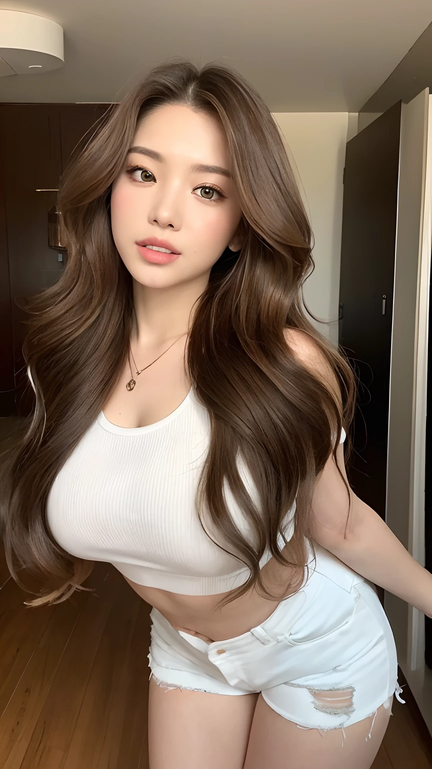 (Masterpiece, best resolution: 1.2), ((illustration), (extremely detailed), (best illustration),((1girl)),(black gym set wear), (black gym pants), (gym room), (((far shoot:1:1))), (((front shoot))),(best quality), (super detailed), (masterpiece), (detailed face), realistic 1 girl with a perfect figure, asians girl, chinese girl, full body, light make up, white top, eyes look front, small eyes, double eyelid, long curly hair, (((full body))), ((wide shot)) ,smile, ((body facing front)) , body facing viewer, ((1 girl)), ((solo)), ((standing shoot))