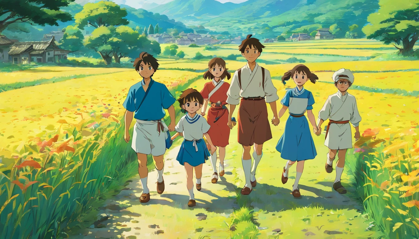 (best quality,highres,ultra-detailed,realistic:1.37),vivid colors,physically-based rendering,studio lighting,landscape,80s countryside atmosphere,nature,8 adults in traditional Zhuang costumes,smiling and walking forward,tools in their hands,a joyful boy in blue clothes leading the way surrounded by adults,fields
