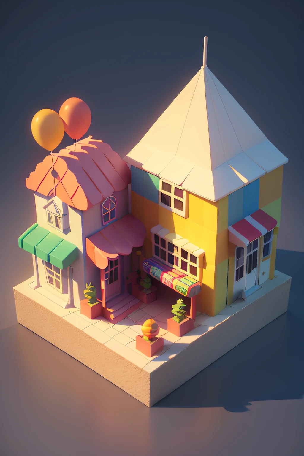 isometric house, (top-down 45-degree perspective), cartoon, candy house, colorful balloons, cute building, huge candy-like signboard, amusement park, blank background, clear structure, correct light and shadow, 3D rendering