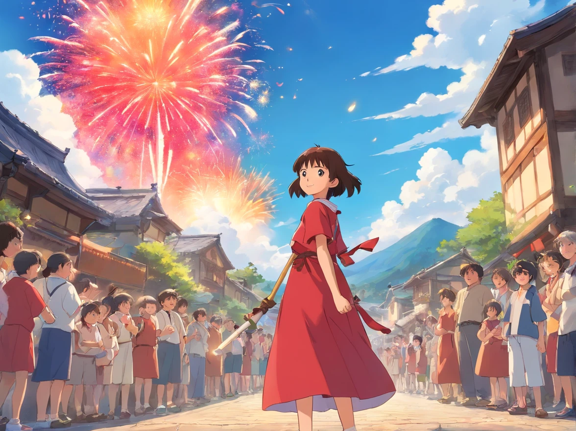 with blue sky and white clouds，Village roads，Lots of people lively。The 15-year-old boy wears a Zhuang red dress，Holding a fireworks cannon made by himself。Stand in the crowd，Waiting for the start of the game with joy。