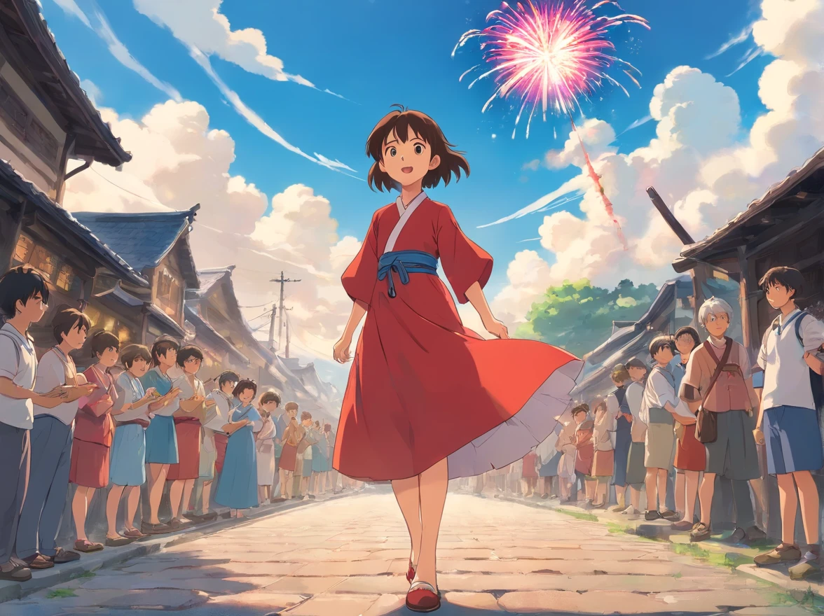 with blue sky and white clouds，Village roads，Lots of people lively。The 15-year-old boy wears a Zhuang red dress，Holding a fireworks cannon made by himself。Stand in the crowd，Waiting for the start of the game with joy。