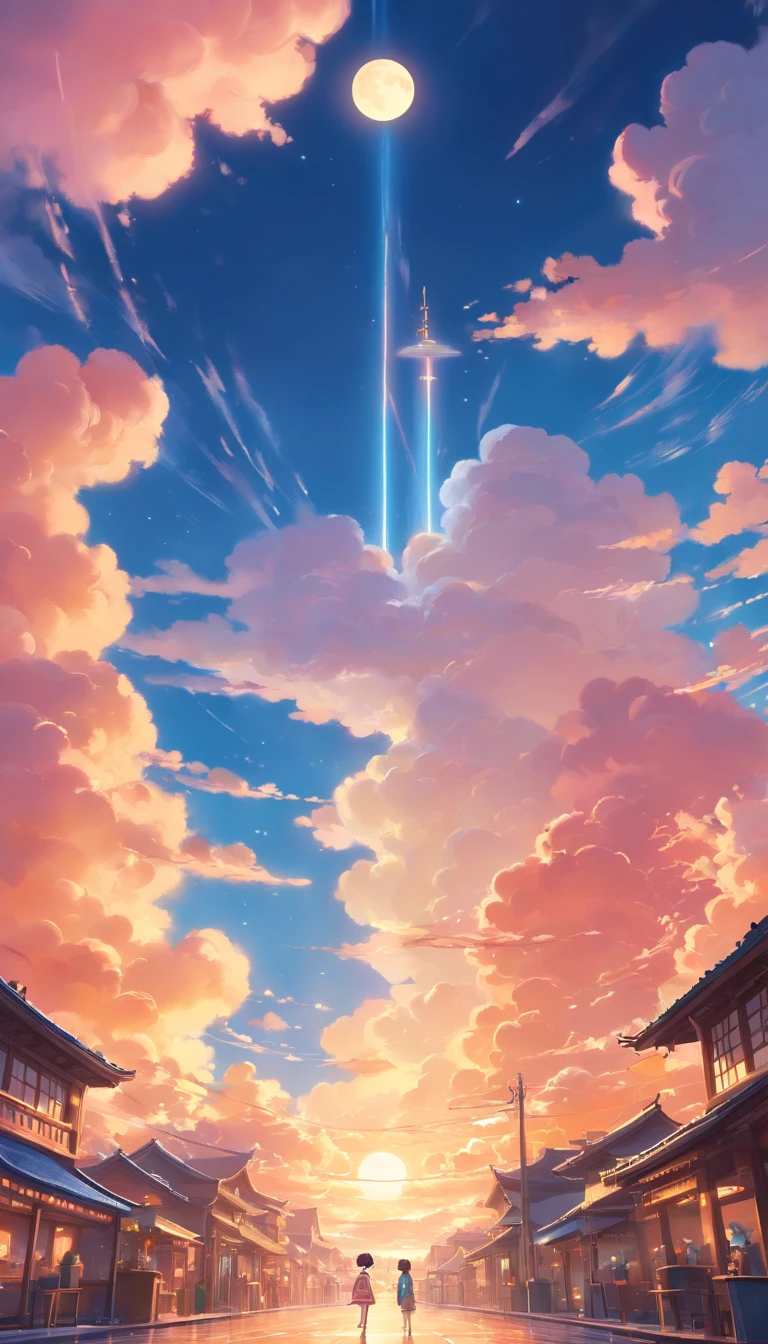 Auspicious clouds, Behind the huge moon, Warm colors, Abstract imagery, ultra-realistic realism, Pixar style, 3d effect, (Disney style:1.2), Clear edge light, rim-light, fantasy, spotlight, 8K