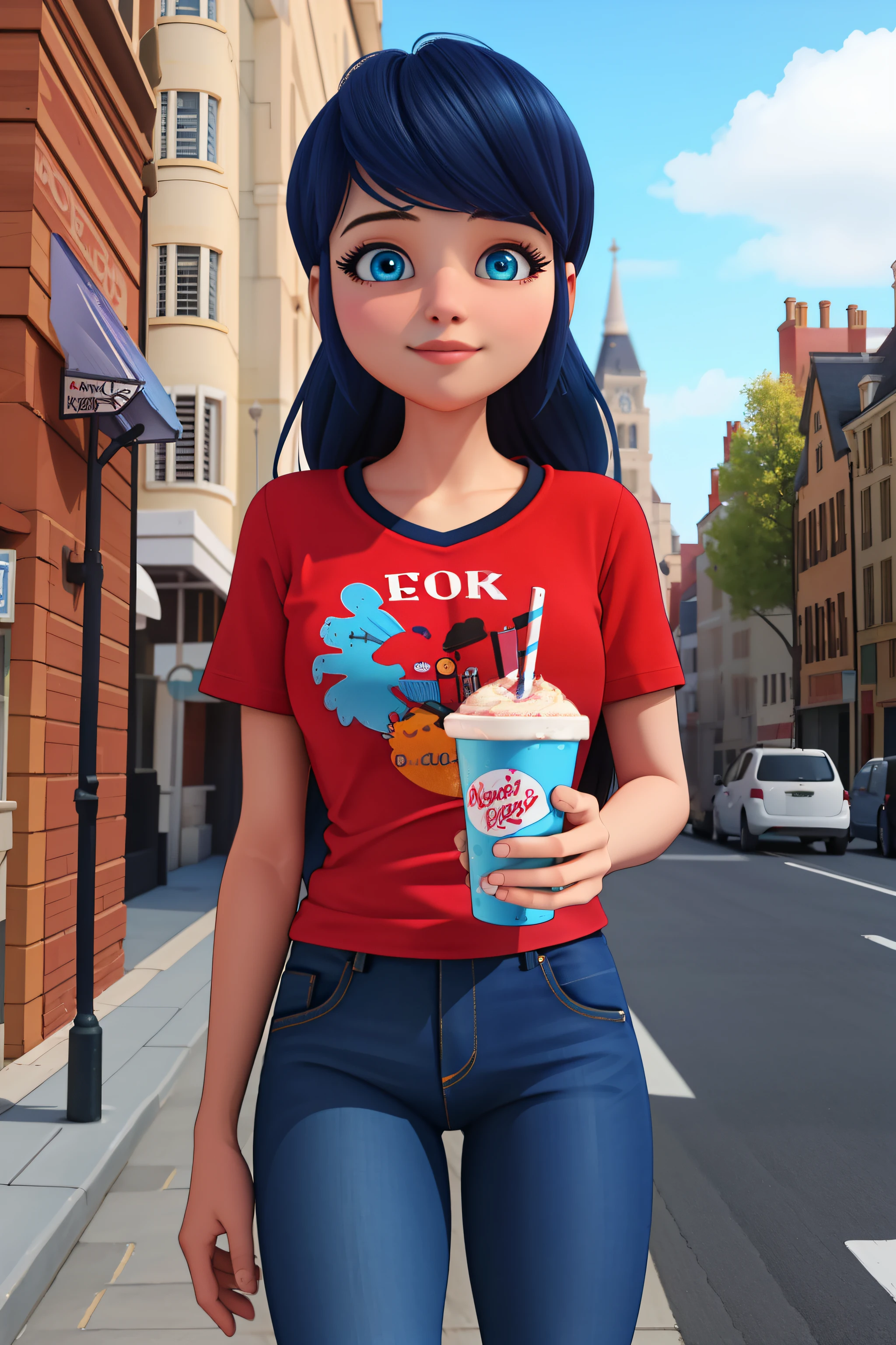 (8k, RAW photo, best quality, masterpiece:1.2), (intricate details), perfect eyes, perfect face, perfect lighting, beautiful, (masterpiece:1.2), (best quality:1.2), 1girl, solo, marinette, blue hair, ((long hair down)), adult torso, , slight smile, medium sized breasts, (jeans, red t-shirt), holding a milkshake, cowboy shot, 3DMM