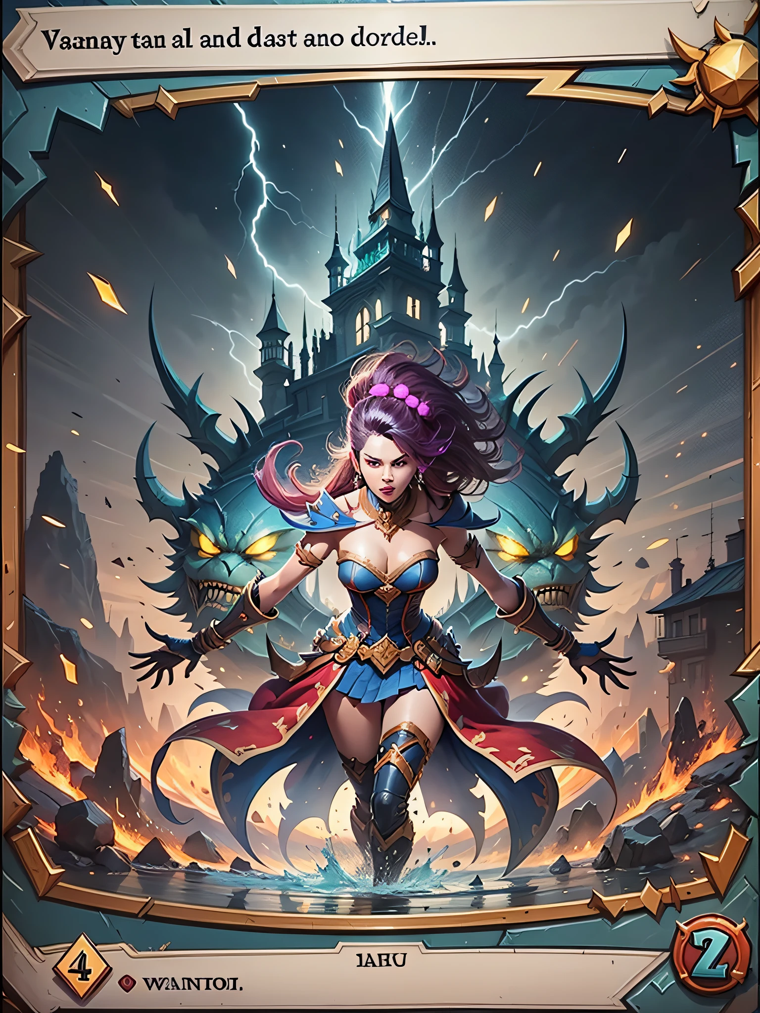 hearthstone card, front game card, from hearthstone, hearthstone card art, Card game, warrior, League of Legends character, League of Legends concept art, splash art, League of Legends splash art, official splash art, League of Legends art, League of Legends character art, League of Legends , League of Legends Splashart, skill power, concept art, best quality, detailed, best quality, high quality, High details, A close-up of a menu with a fantasy adventure theme background, Dungeons & Dragons RPG concept fantasy art and various icons, game interface, game interface, Game HUD, Game UI asset design, UI board, item art, Game icon asset, stylized game icon, Game style Hearthstone color, HUD health bar, PC screenshot, game screen, detailed screenshot, no volcano, game overlay, ...png, NO PREVIEW, A game-based battle card,To have various attributes such as:wind, fire, lightning, Dark Earth, gold, Wood, water, ice。Other systems make their own edits。 --auto --s2