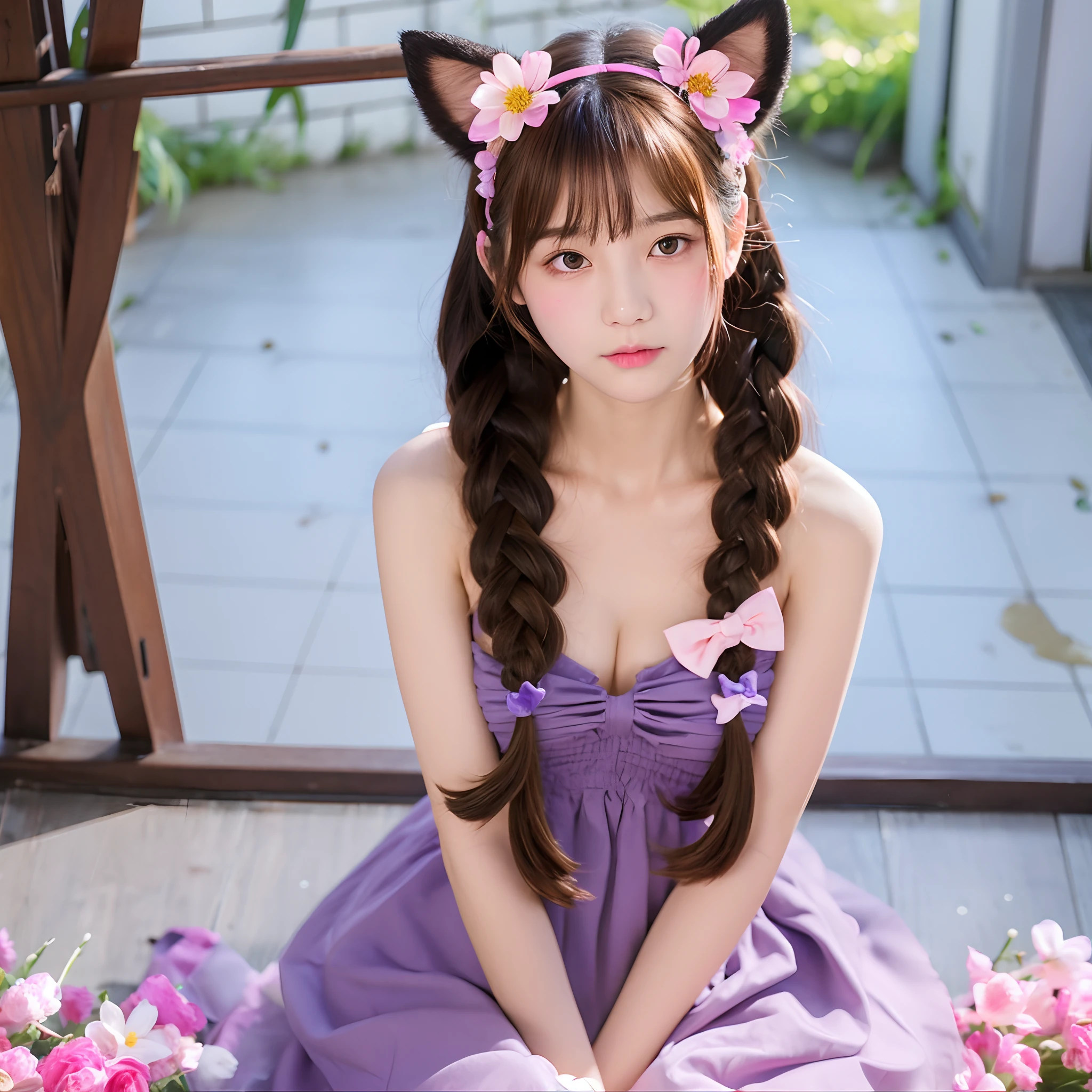 1girl in, , Animal ears, Purple eyes, Brown hair, Wings, Solo, Long hair, blush, Cat ears, Flowers, Looking at Viewer, Braids, the bow, slutty dress, pink flowers, the bow, Hair Accessories, Bangs, Cats, Hair Flower, Animal ear hair, Holding, Virtual Youtuber, blue bow, holding animal, catwoman, stuffed toy