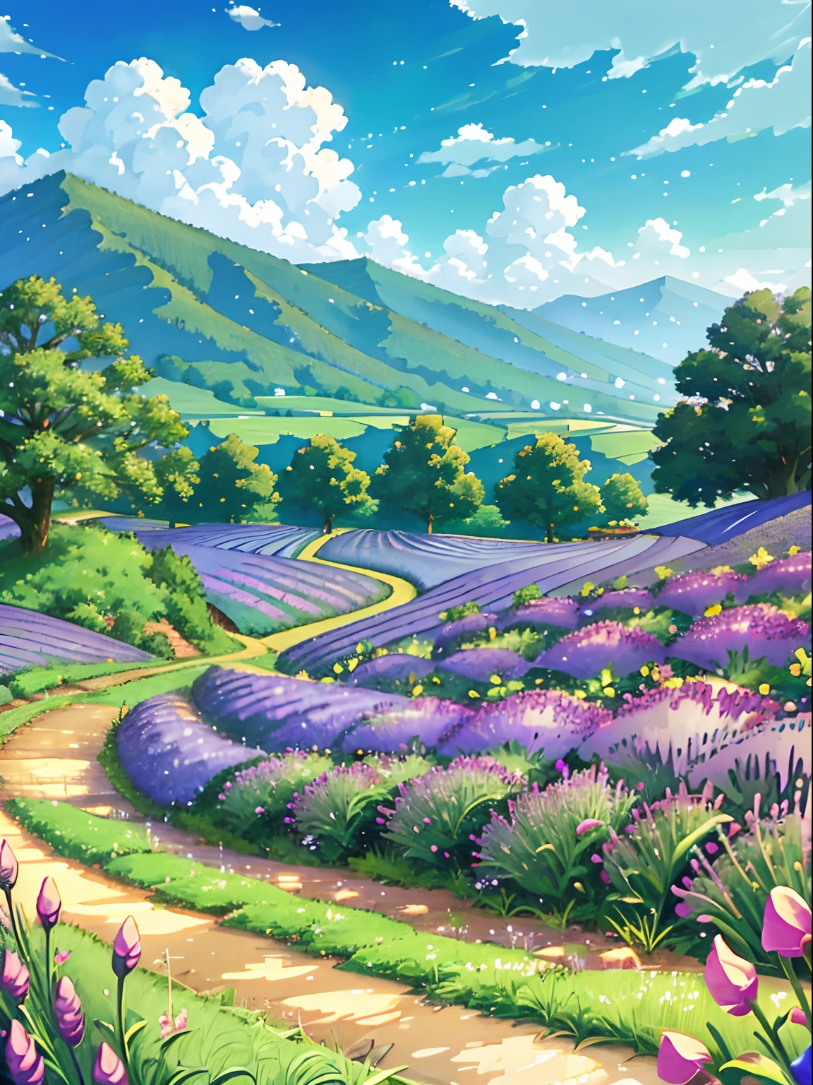 Lavender anime countryside landscape，Composed of trees and a fantasy valley，scenery art detailed，beautifull puffy clouds。anime big breast，Detailed scenery—width 672，anime landscape wallpapers，Anime landscapes，Studio Ghibli view，Highly detailed digital art in 4K，Amazing wallpapers，ross tran。scenery background，dreamlike landscapes，purple, Green, Red color scheme