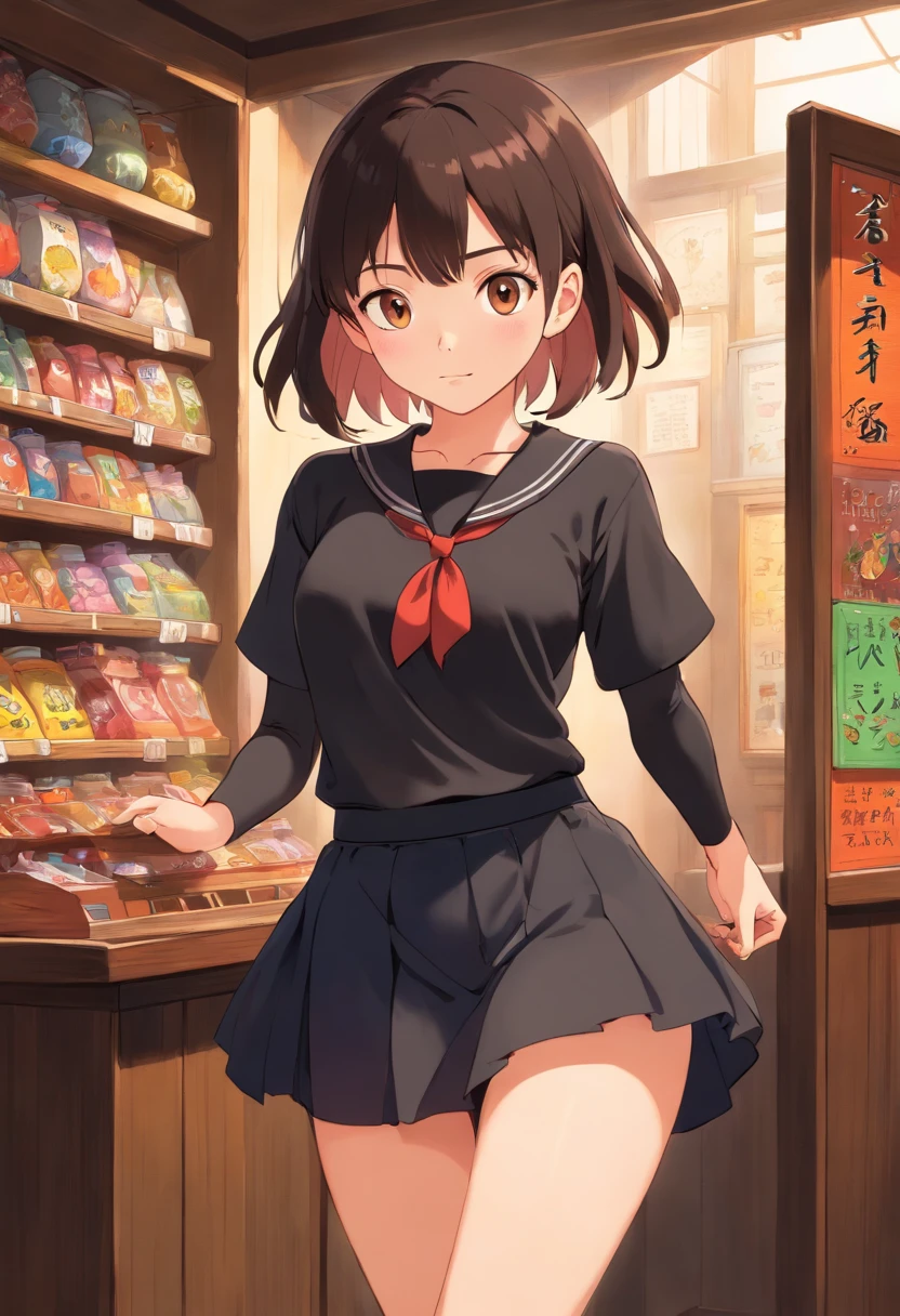 趣向倶楽部　女子高生 キャンディショップの前に立っている制服を着たアニメの女の子 - SeaArt AI