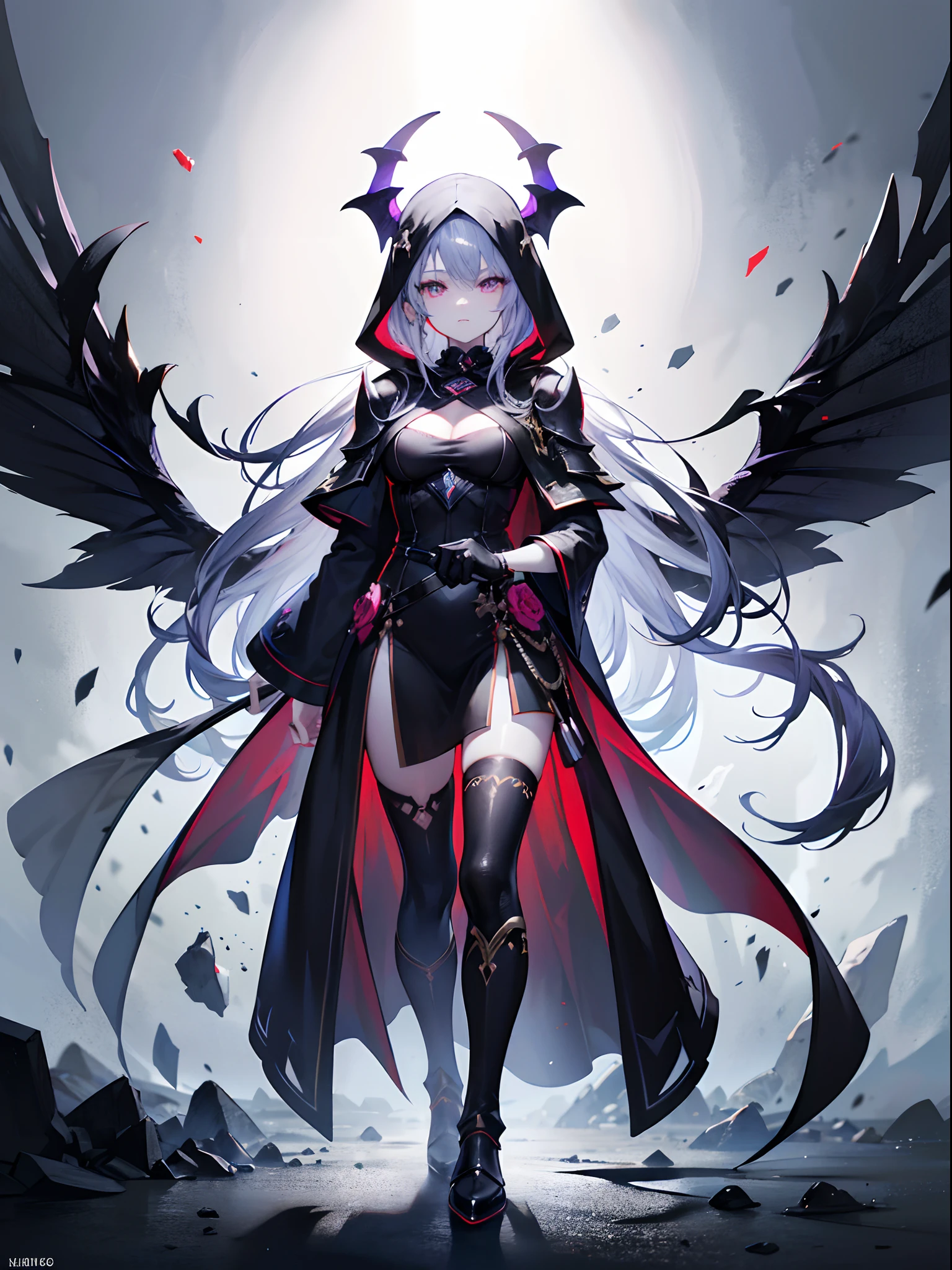 Devil style background, (Stand full body to take pictures:1.5), the golden ratio, [(Black Mist Black smoke composed of the body:1.5), (+Perfect hand+:1.21), (Ancient European Assassins, All-black hooded robe, Fuchsia with black demon armor, Only eyes are exposed, Wearing a black mask,, （A terrifying and mysterious atmosphere, A suffocating sense of oppression and endless fear）Wear knee-length black boots （It is inlaid with purple-red crystals）（The texture of the armor and equipment is good）He wears a black hooded robe(((+++Black mist intertwined with the body))))], (extremely detailed CG unity 32k wallpaper:1.1), (tmasterpiece:1.37), (Detailed:1.15), Dappled light, (view the viewer), Cinematic light, Side lighting, teens girl, hdr, Perfect iris, hyper HD, (Best quality:1.13)tmasterpiece, best qualtiy, hyper-high detail, style of anime, hdr, anime wallpaper, a sense of atmosphere, absurderes, Ancient wind), cabelos preto e longos, Fuchsia pupils, 8K, 4K，absurderes，finedetail