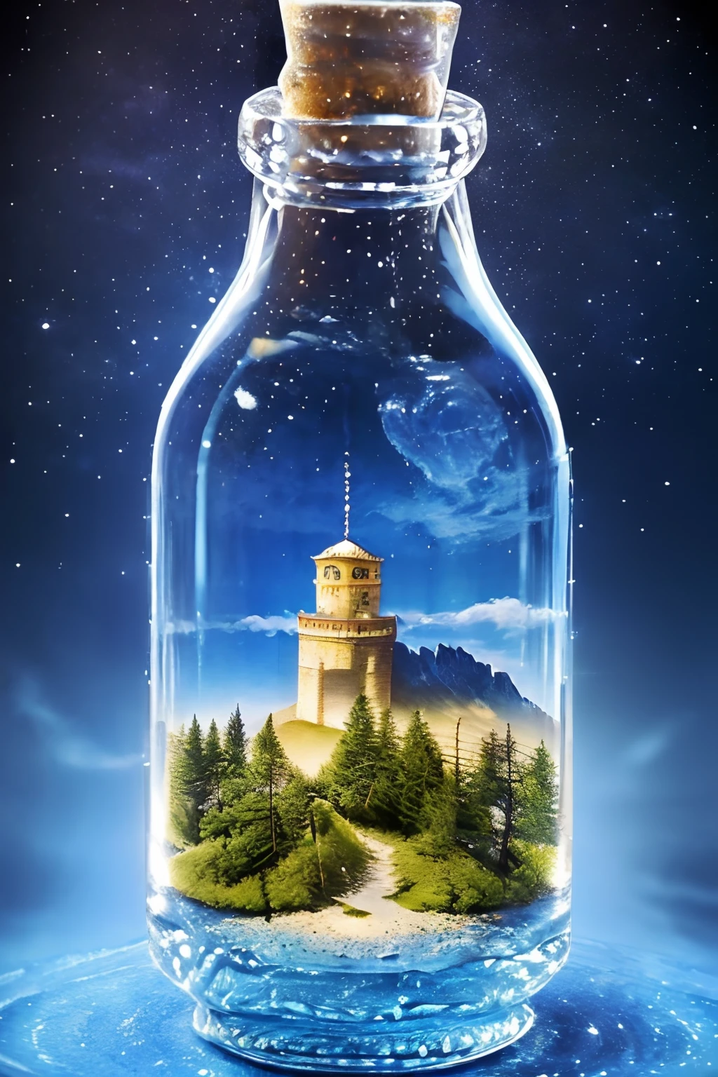 (Masterpiece, High quality, Best quality, offcial art, Beauty and aesthetics: 1.2),A bottle surrounded by mountain and river landscapes,  Chinese Three-Dimensional Mountain Water Painting, Chinese landscape painting of the Song Dynasty, Blue Themes, Surrealist dream style,, Light tracing, Foreground occlusion（View in a bottle）, C4D, oc rendered, Product photography