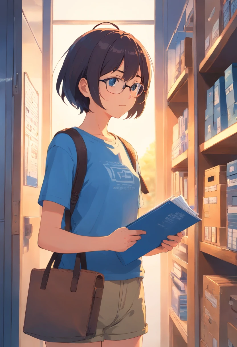 The mother handed a file bag to a short haircut、Do not wear glasses、Cute little boy in short-sleeved blue T-shirt