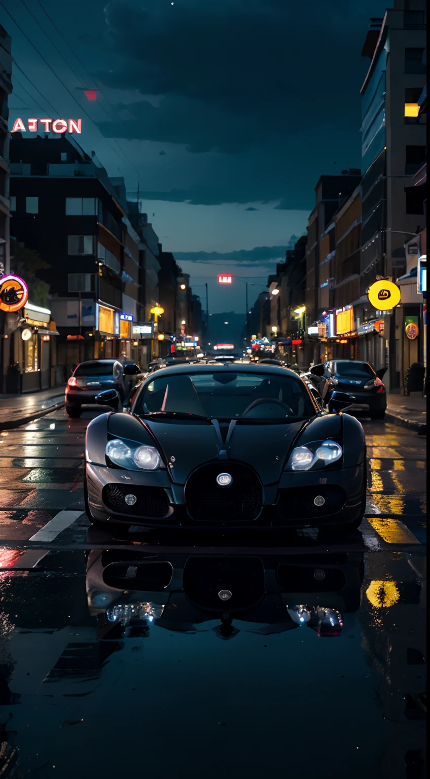 Buggati Veyron tilted car, neon light v:5, night scene, city scene, building Background, reflection on road, tilted tyres, ultra realistic