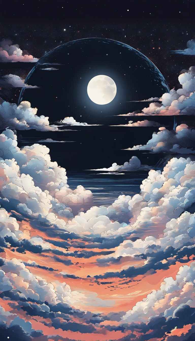 The best sub-height，Extremely fine，perfect  detail，4K，8K，anime wallpaper，NFFSW，nigh sky，with black background，Ethereal cartoon style，moon full, lunar backdrop, moon on sky, moonlit backdrop, on moon, Full moon background, with full moon in the sky, moon full, The moon is in the sky, moonlit backdrop, big white moon background, Moon, moon on sky, Far side of the moon，moon in clouds，White clouds